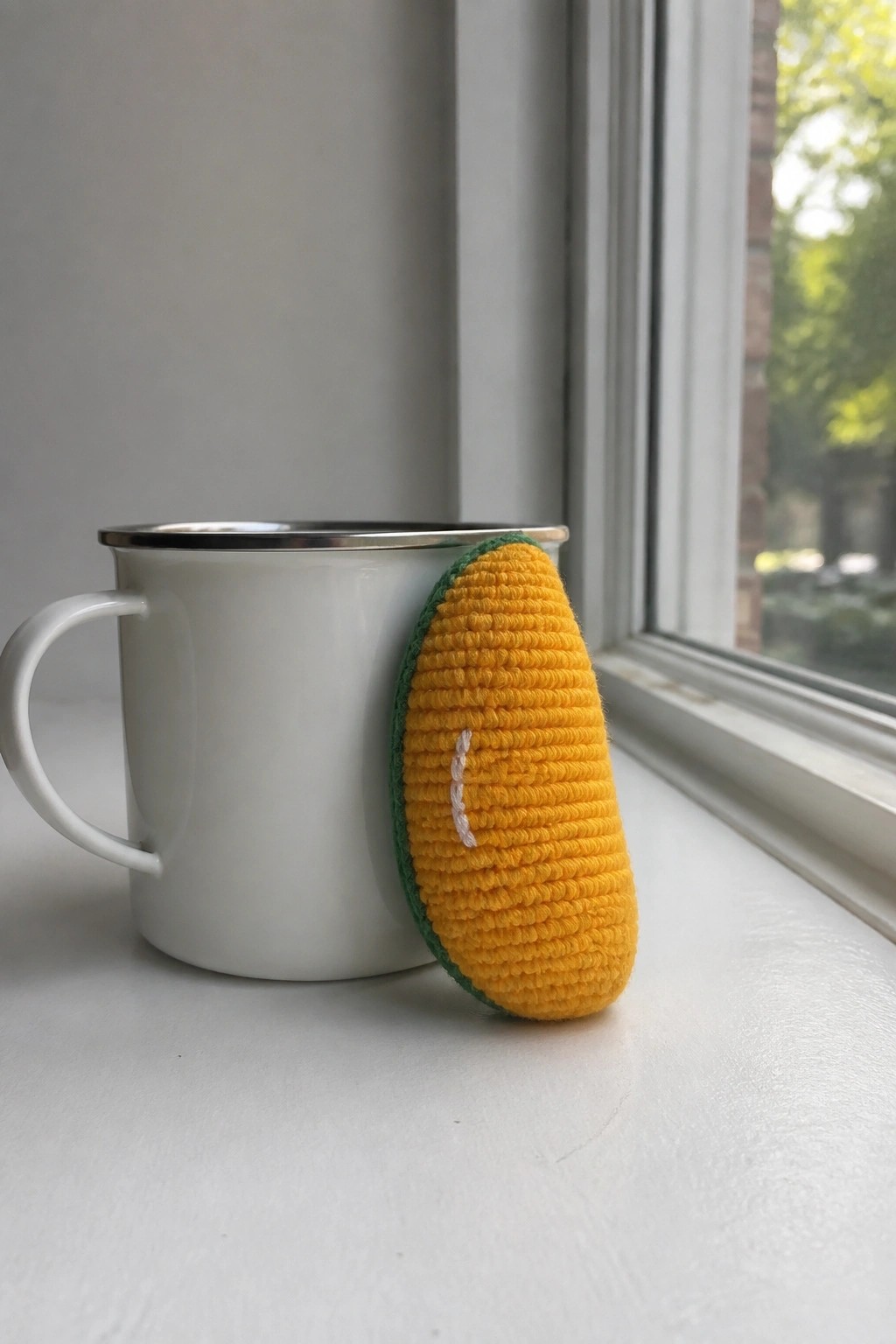 White mug beside yellow crocheted lemon on sunny windowsill.
