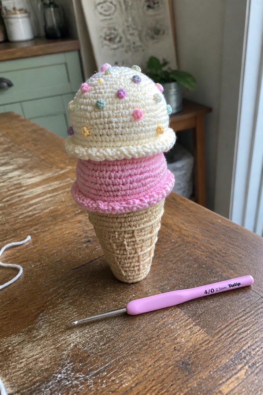 Crocheted ice cream cone with white, pink, and beige layers beside pink crochet hook.