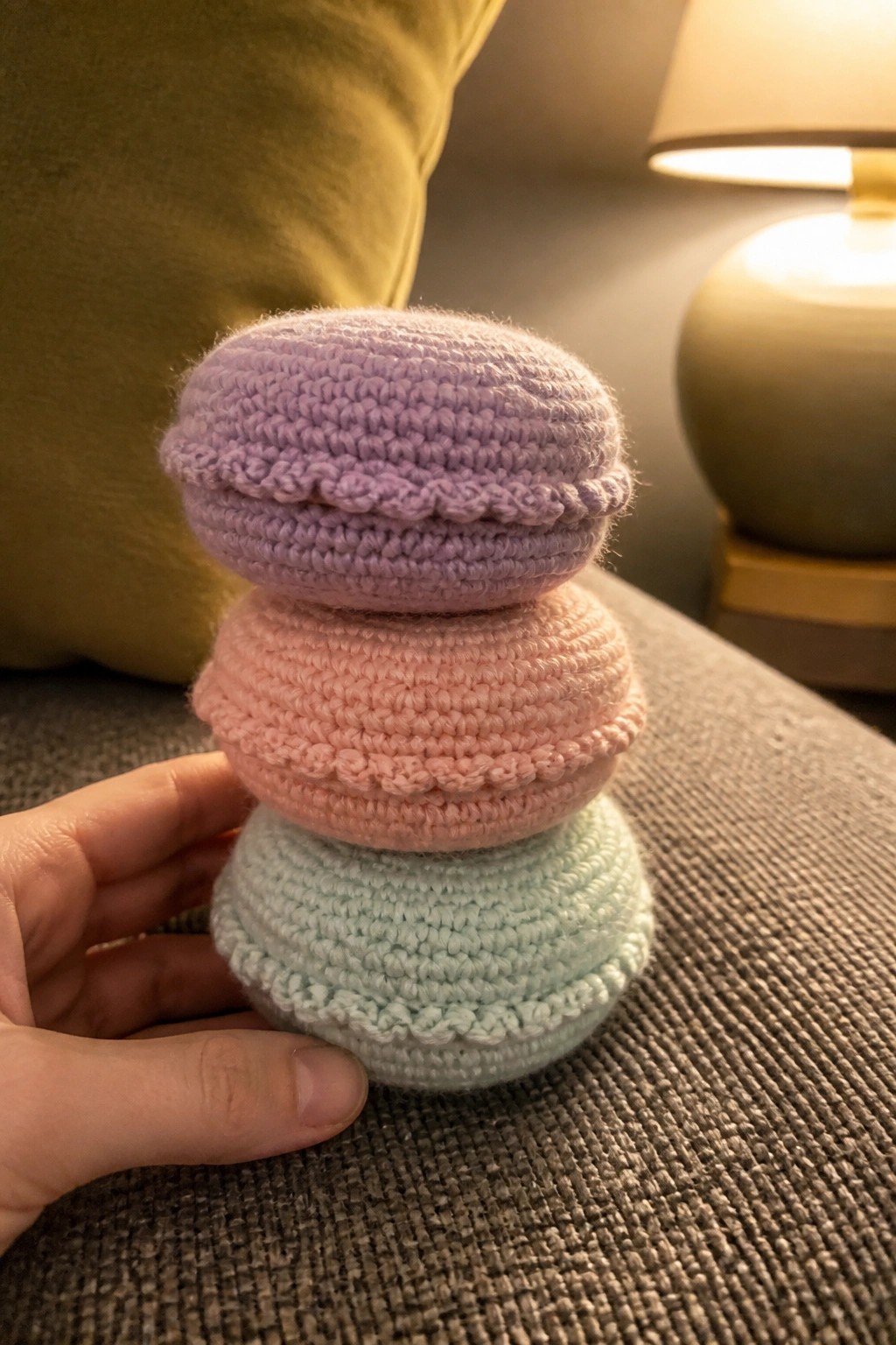 A hand holds a stack of three crocheted macarons in light purple, pink, and mint green.