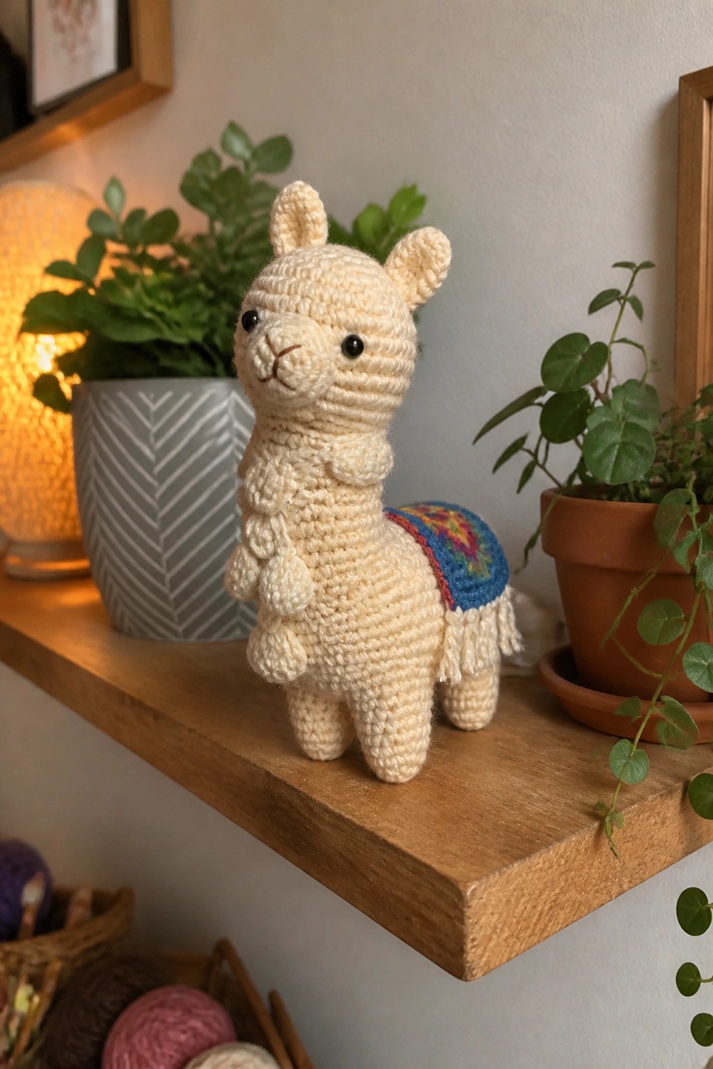 Crocheted cream llama with colorful fringed blanket on wooden shelf among plants.