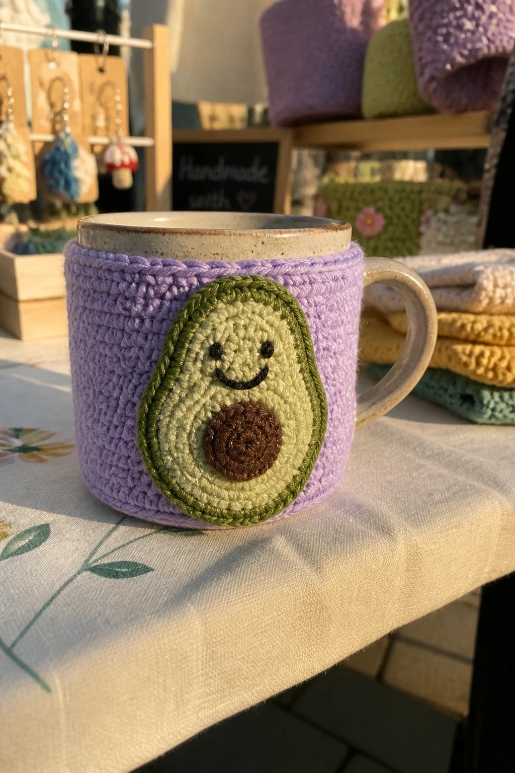 Purple crocheted mug cozy with smiling avocado applique on ceramic cup at craft fair