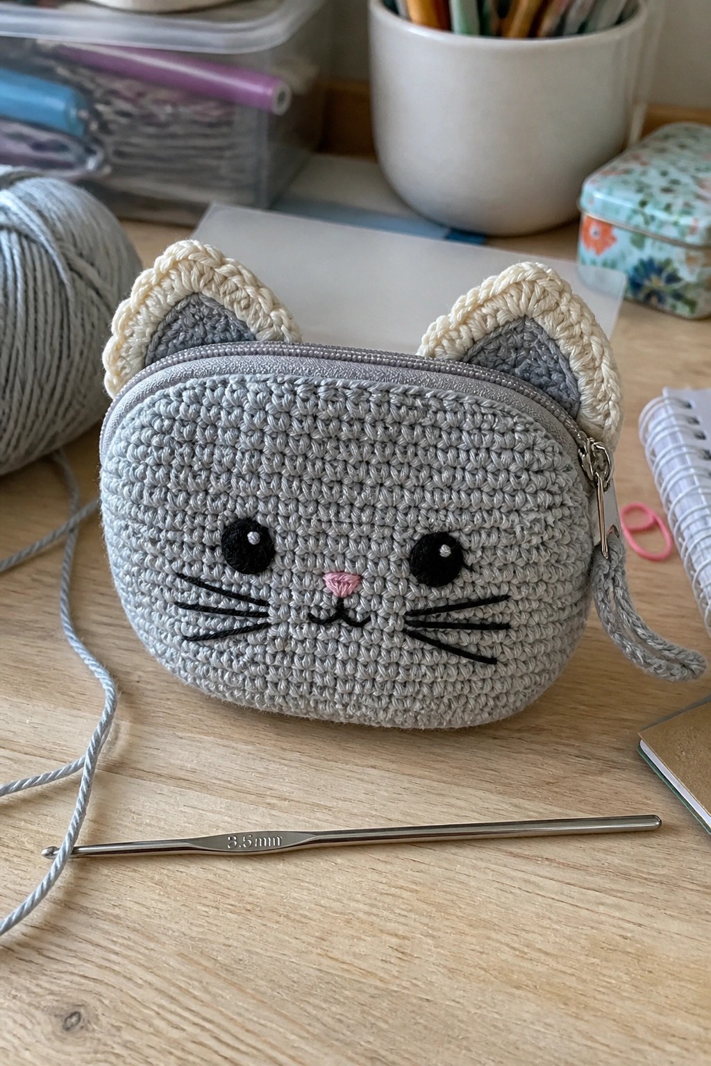 Gray crocheted cat-faced zippered pouch on wooden table with 3.5mm hook