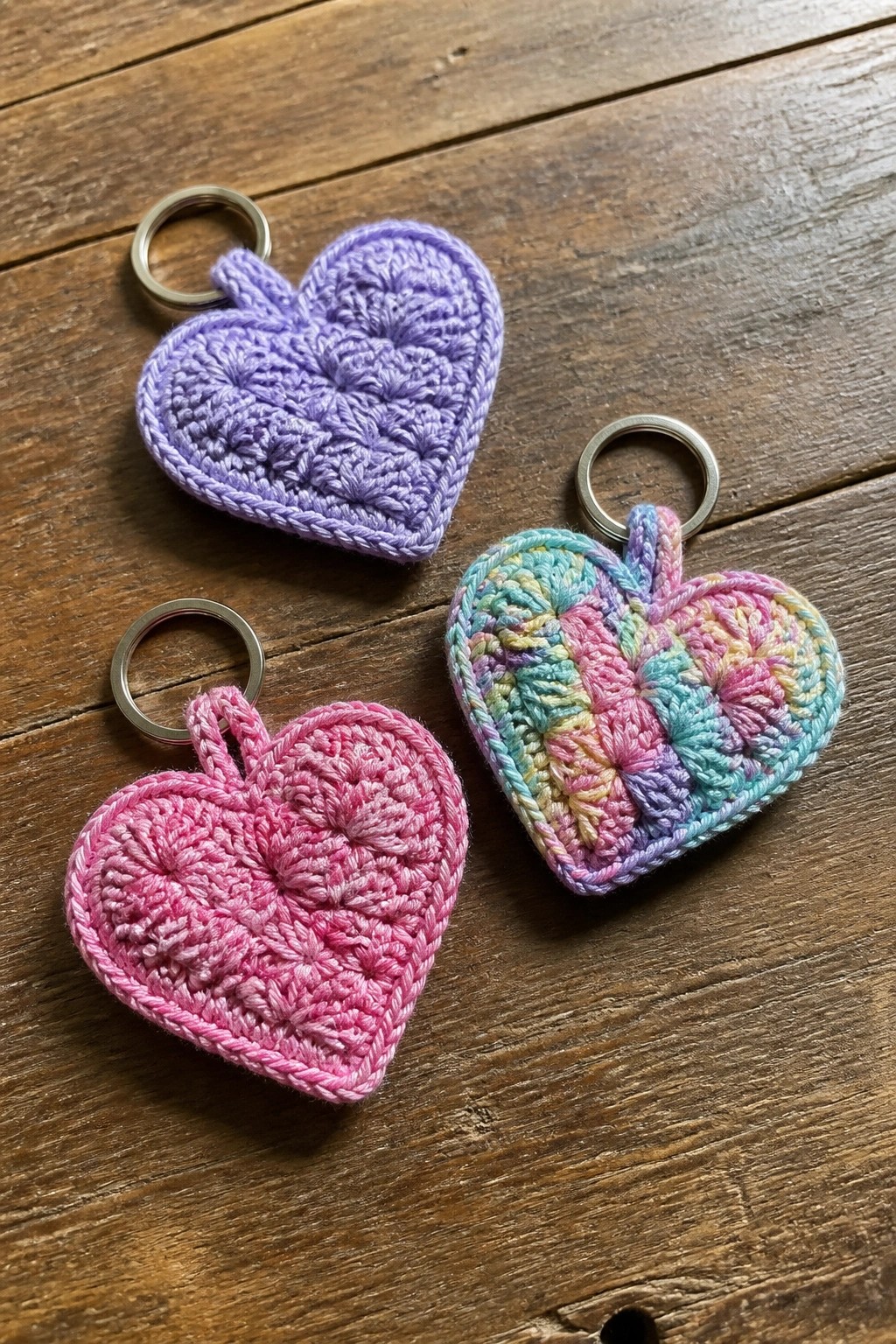 Three crocheted heart keychains in purple, pink, and rainbow yarn on wood.