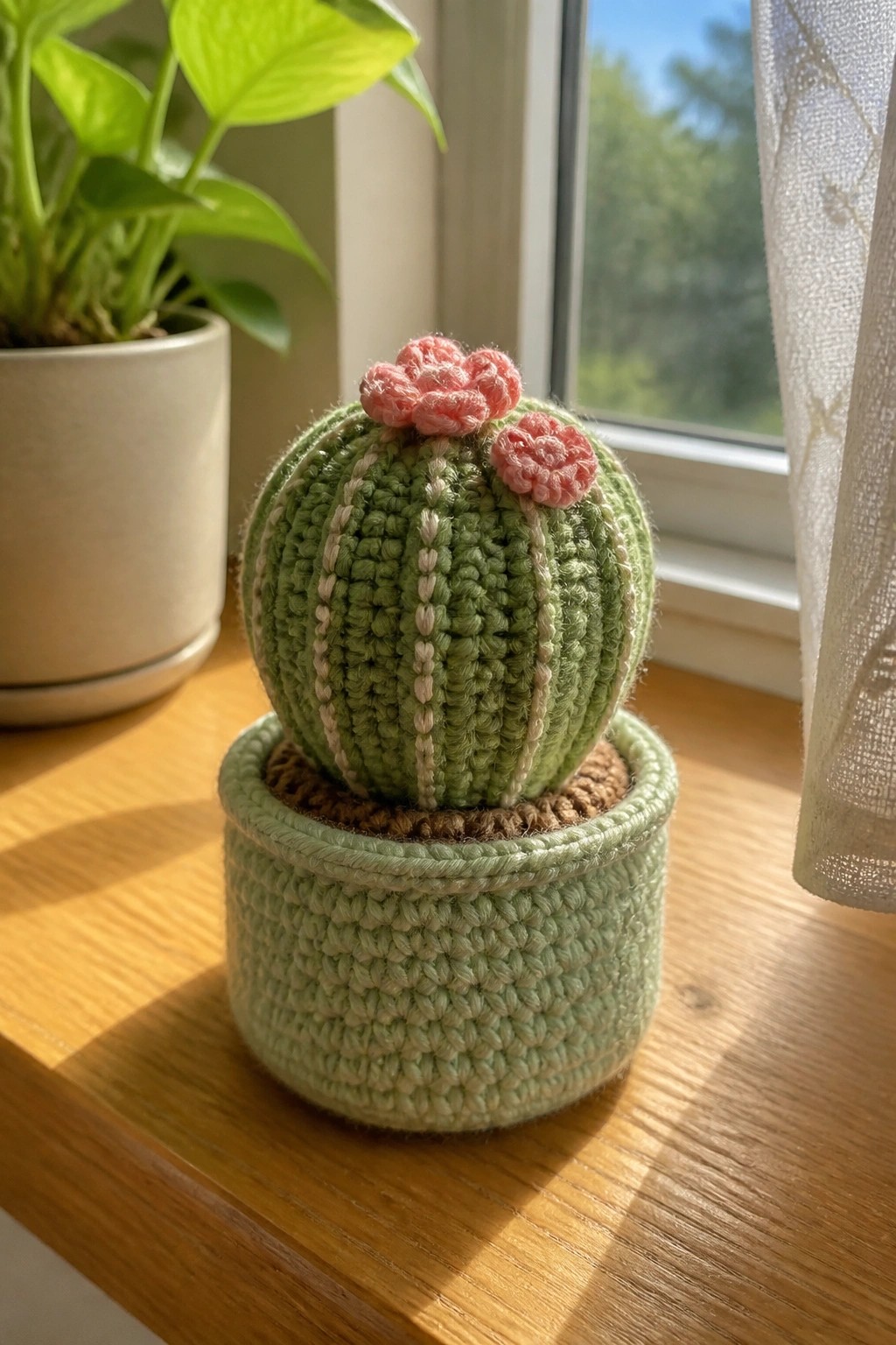 Crocheted green cactus with pink flowers in light green pot on wooden windowsill
