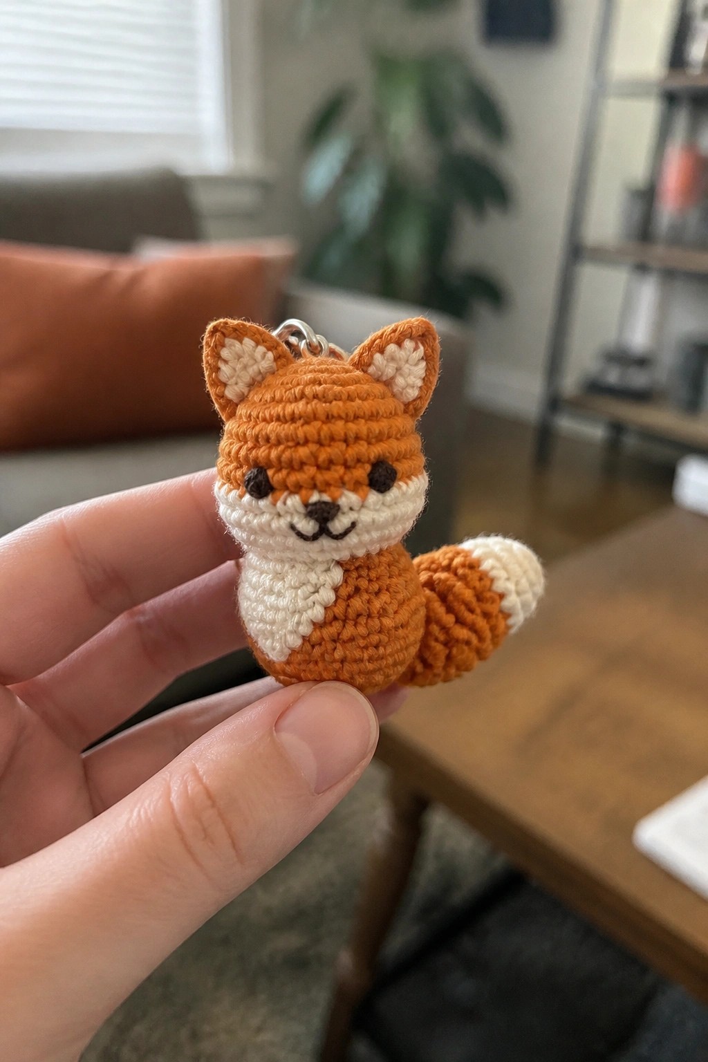 Hand holding small orange crocheted fox keychain with white ears and tail tip
