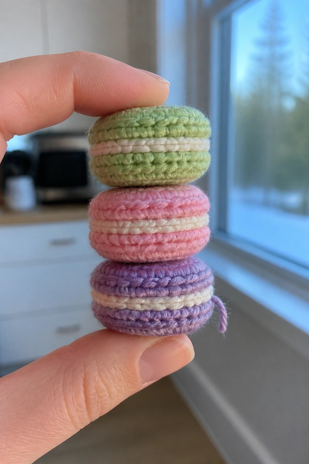Hand holding stack of three pastel crocheted macarons in green, pink, and purple