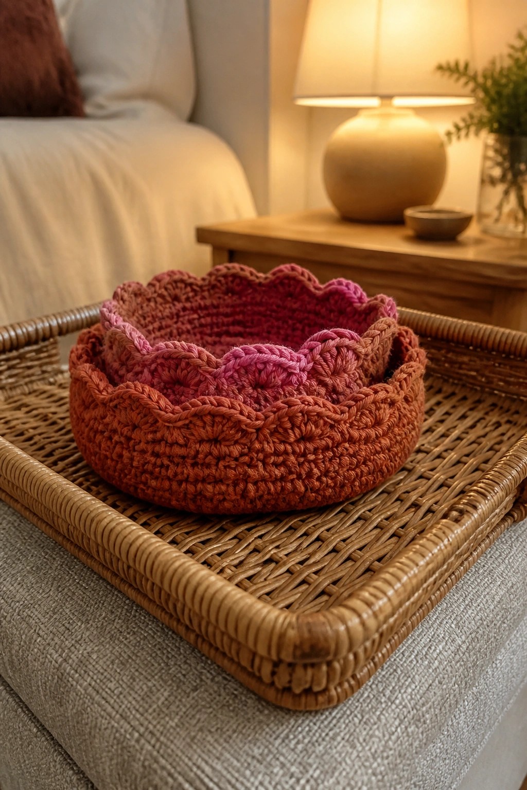 Crocheted bowls with scalloped edges in pink and rust on a woven tray.