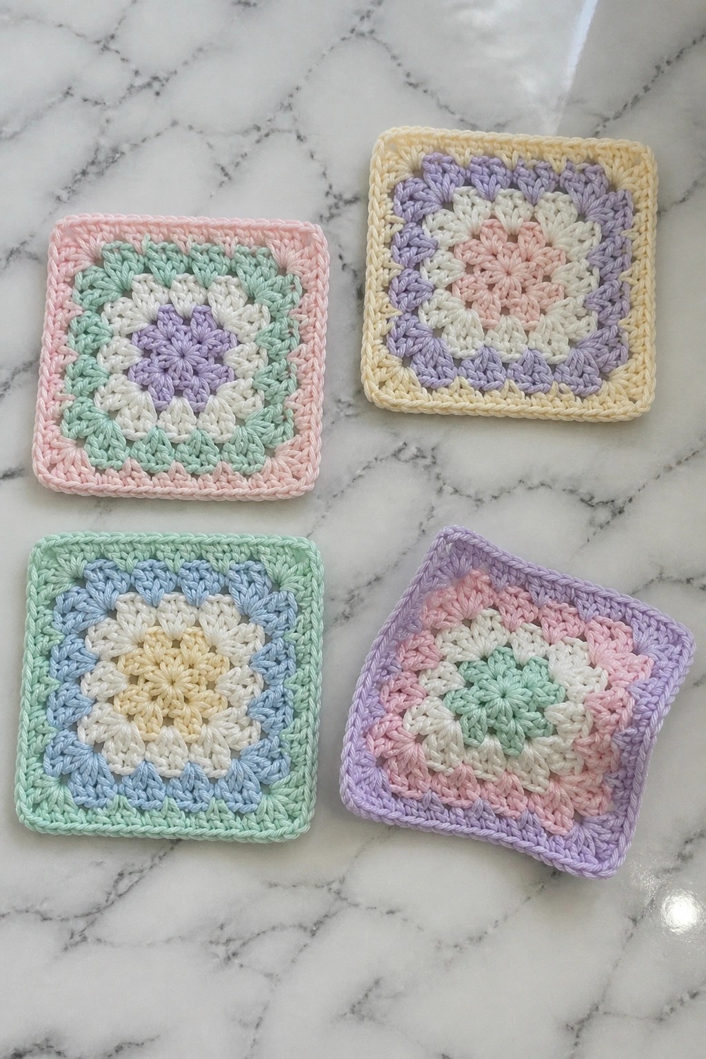 Four pastel crocheted granny squares with floral patterns on marble surface.