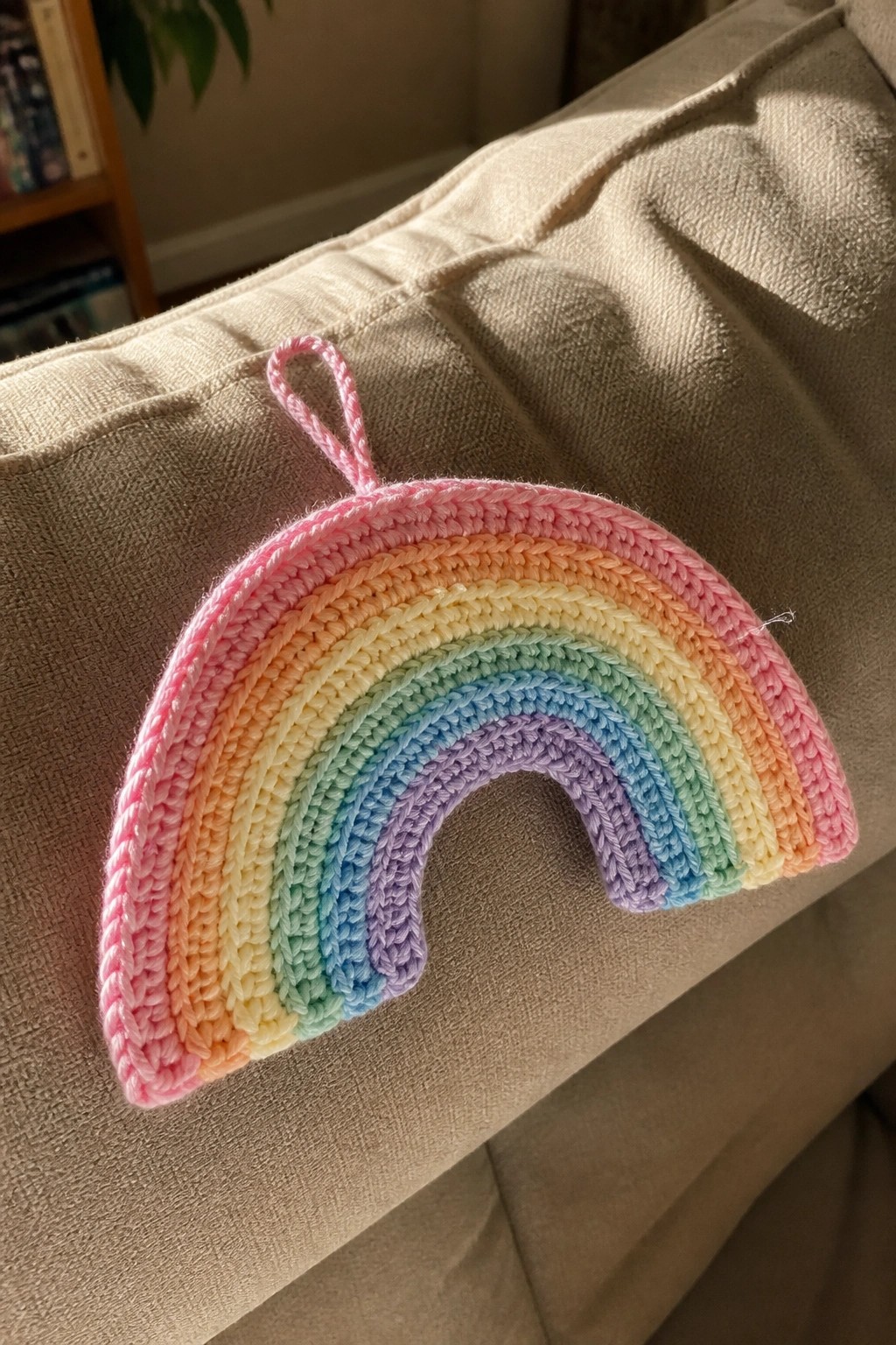Pastel crocheted rainbow with pink loop on sunlit beige couch.