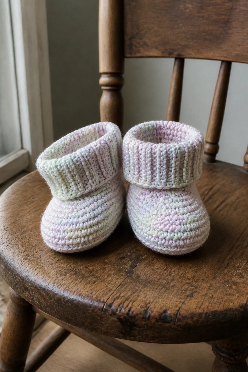 Pastel pink, white, and mint knitted baby booties on wooden chair.
