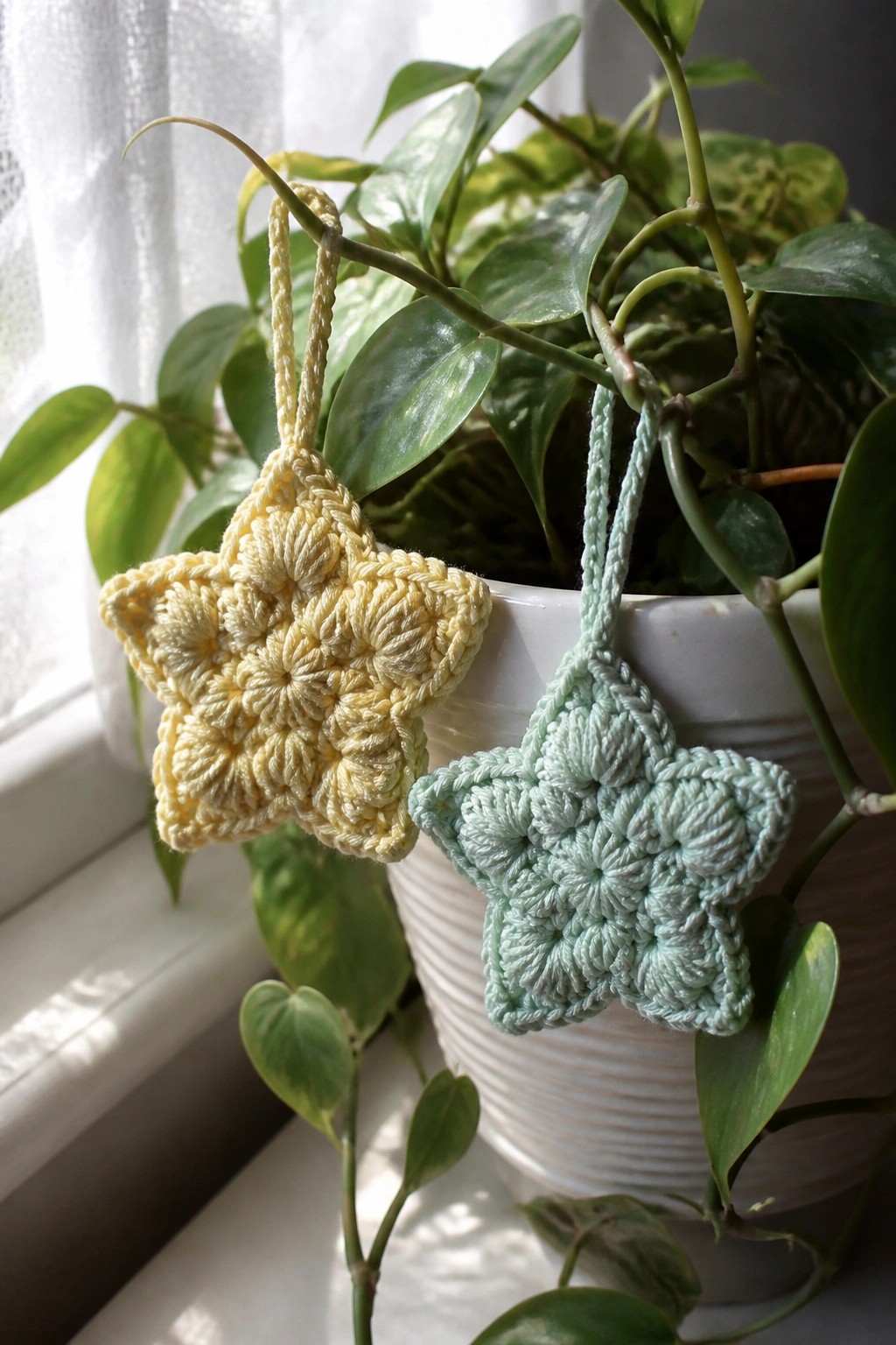 Yellow and mint crocheted star ornaments hanging from a leafy houseplant.