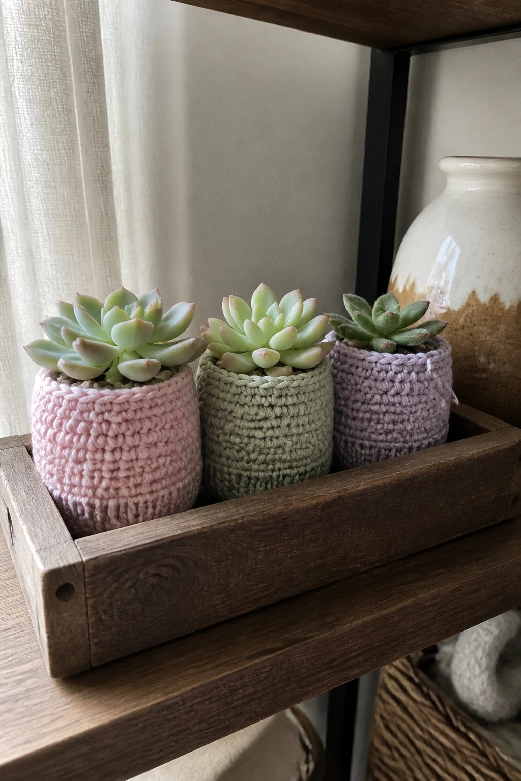 Three succulents in pink, green, and purple crocheted pots inside a wooden tray.