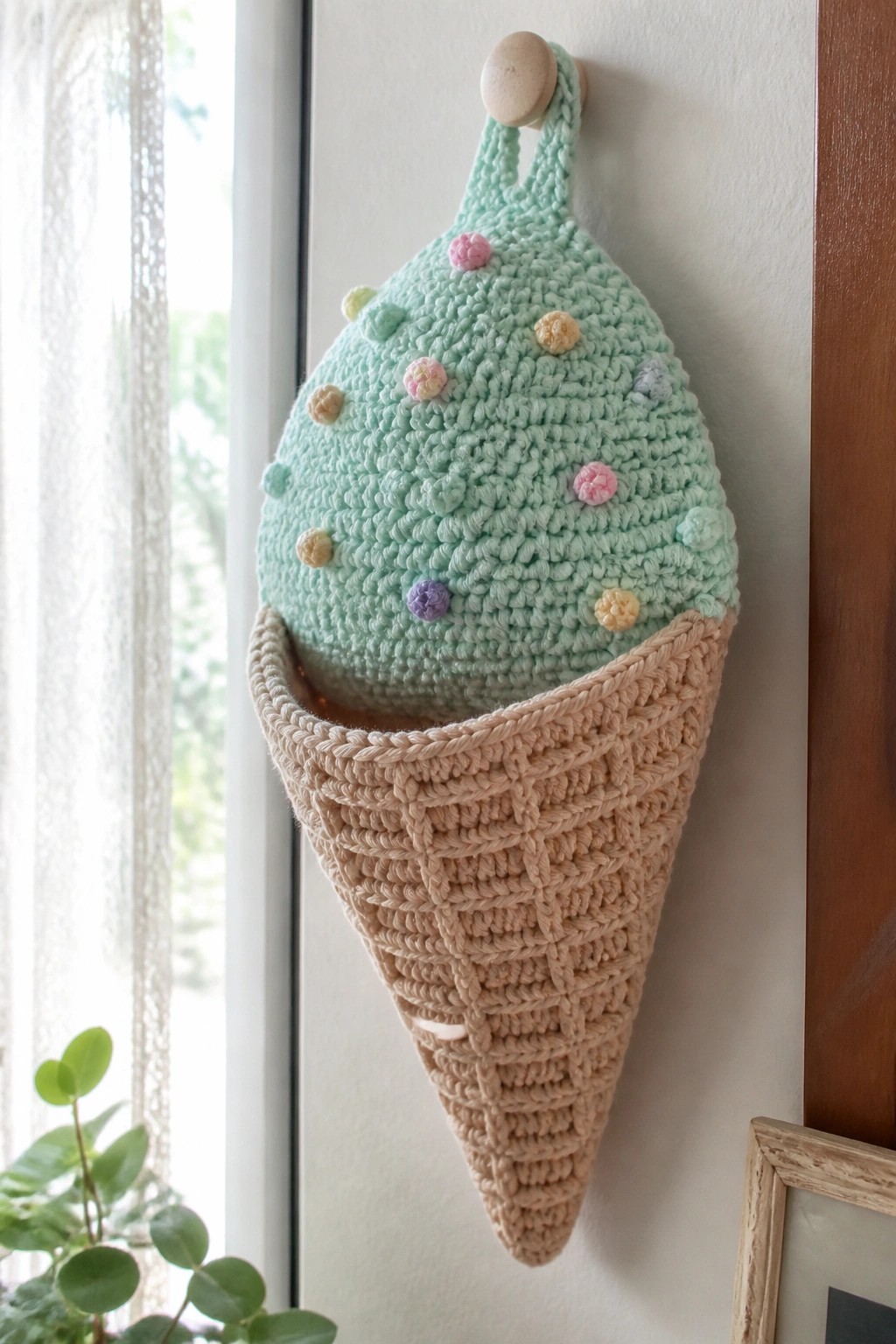 Crocheted mint green ice cream cone with colorful dots on beige waffle cone, hanging on hook.