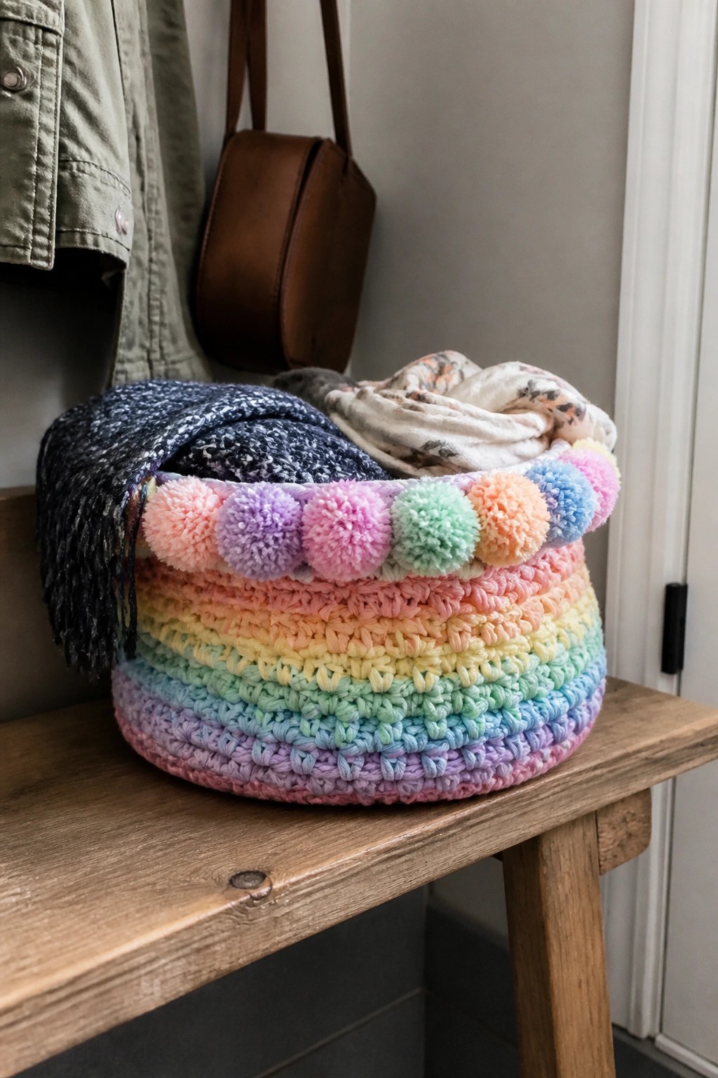 Rainbow crocheted basket with pastel pom-poms holding scarves on wooden bench