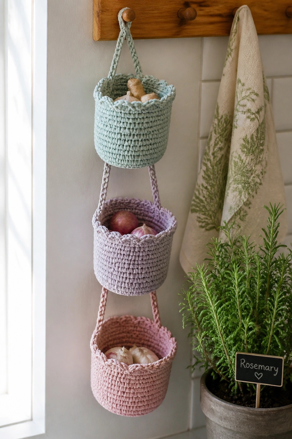 Three pastel crocheted hanging baskets filled with vegetables beside rosemary plant.