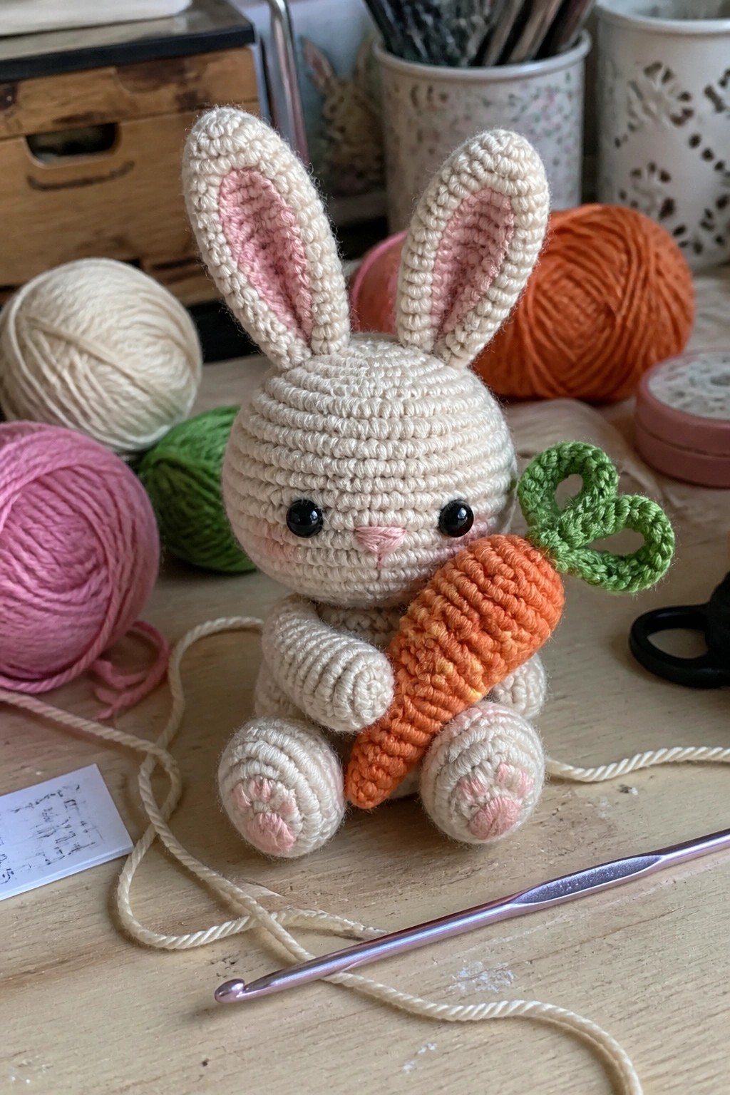 Crocheted white bunny holding orange carrot amid yarn balls and crochet hook on table