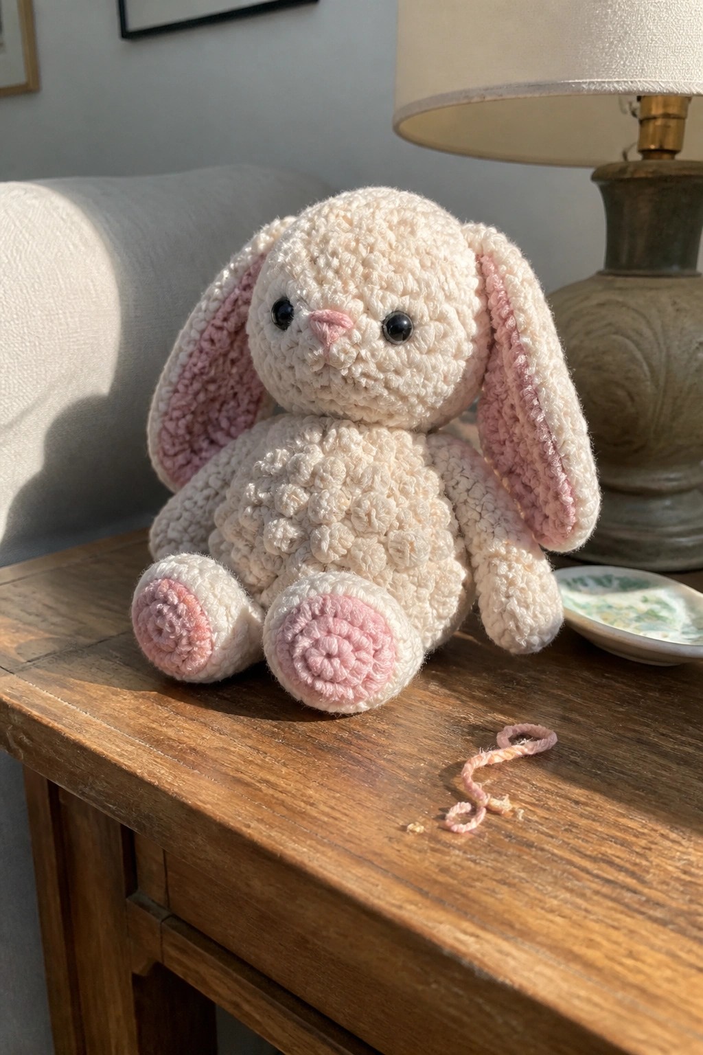 White crocheted bunny with pink ears and paw pads on wooden table