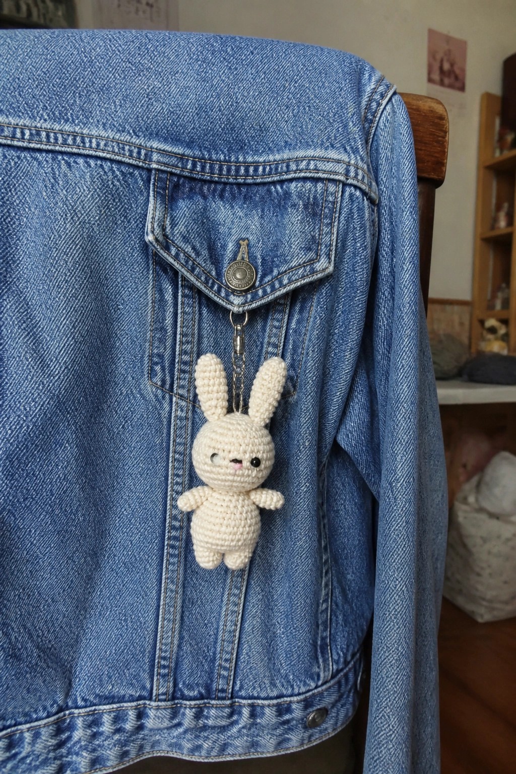A small white crocheted bunny keychain hangs from the pocket of a blue denim jacket.