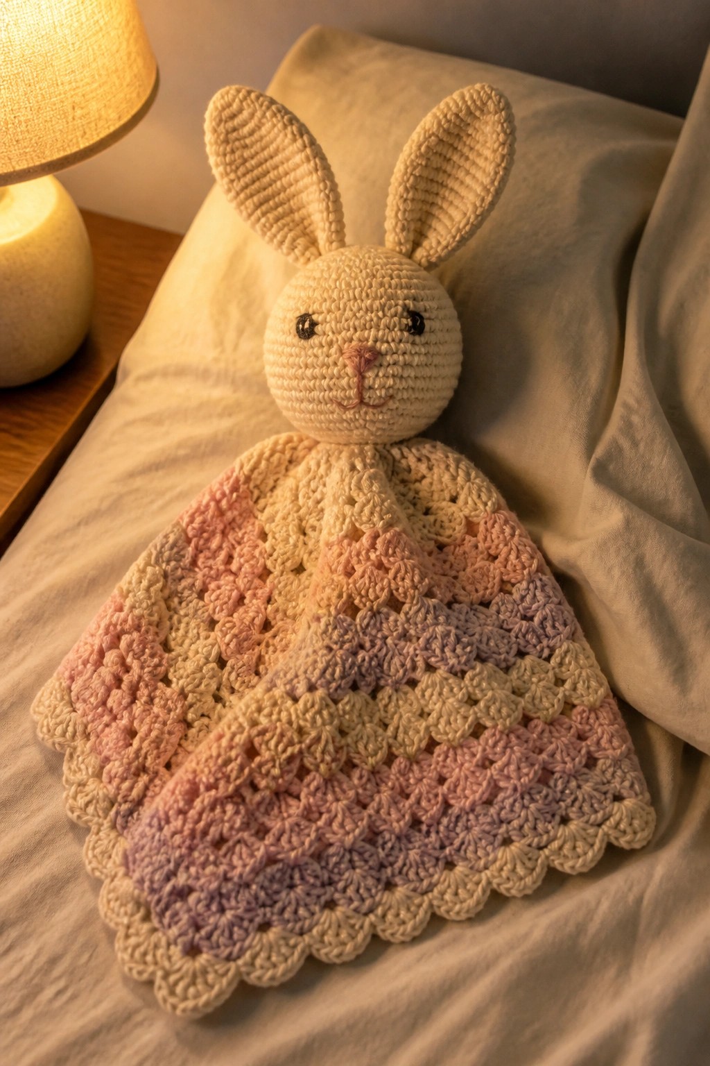 Crocheted bunny lovey with pastel blanket on bed beside glowing lamp