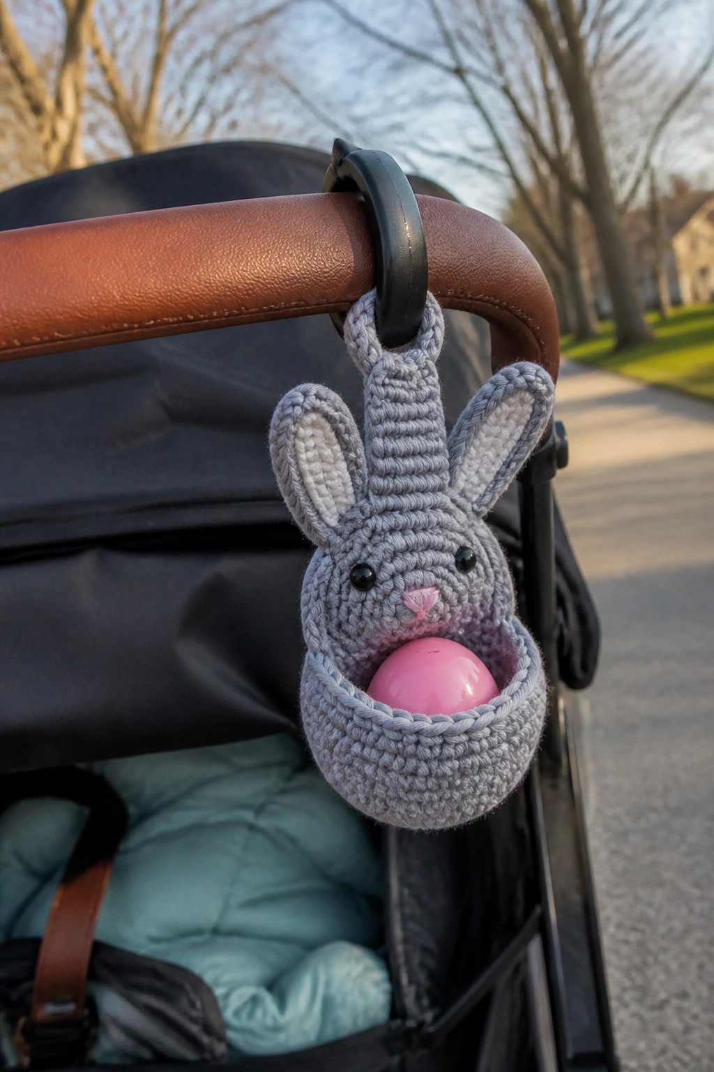 Gray crocheted bunny toy with pink ball clipped to stroller handle