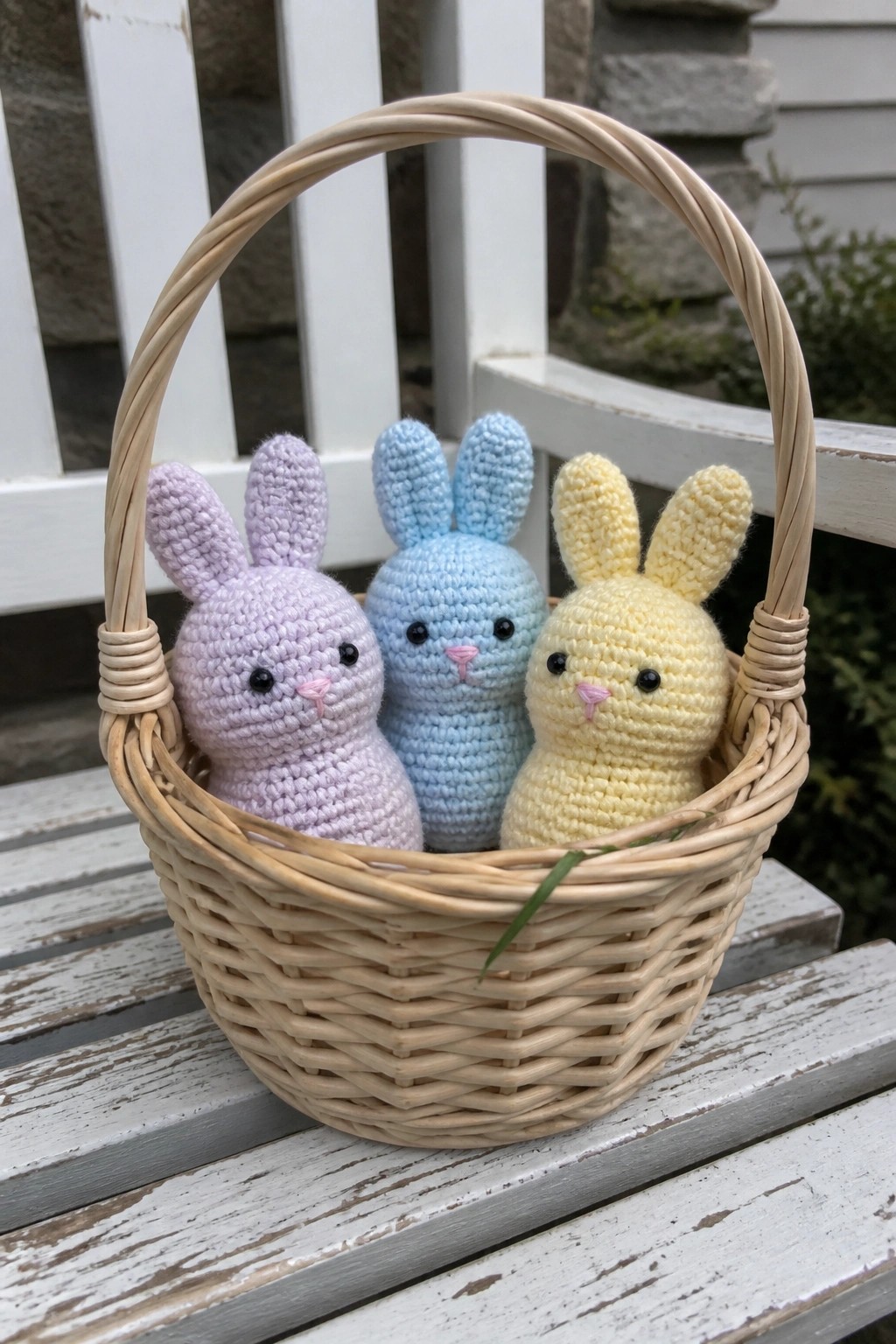Three small crocheted bunnies in lavender, light blue, and yellow sit inside a wicker basket on a white wooden bench.