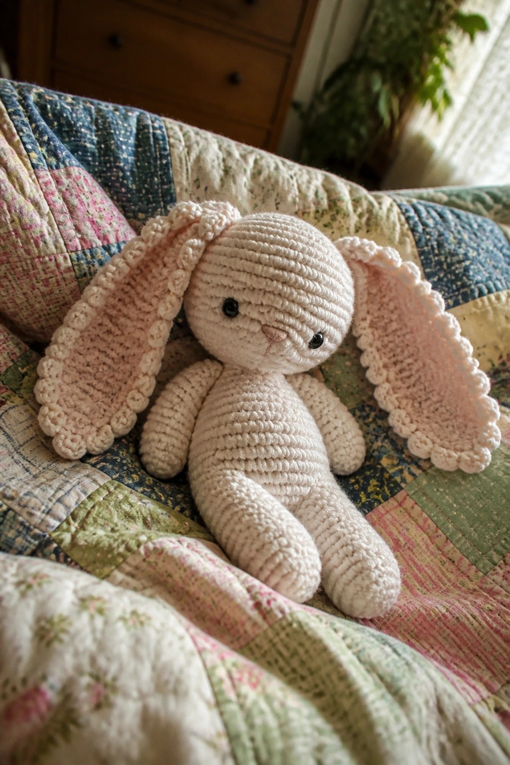 Crocheted white bunny with pink ears resting on floral patchwork quilt