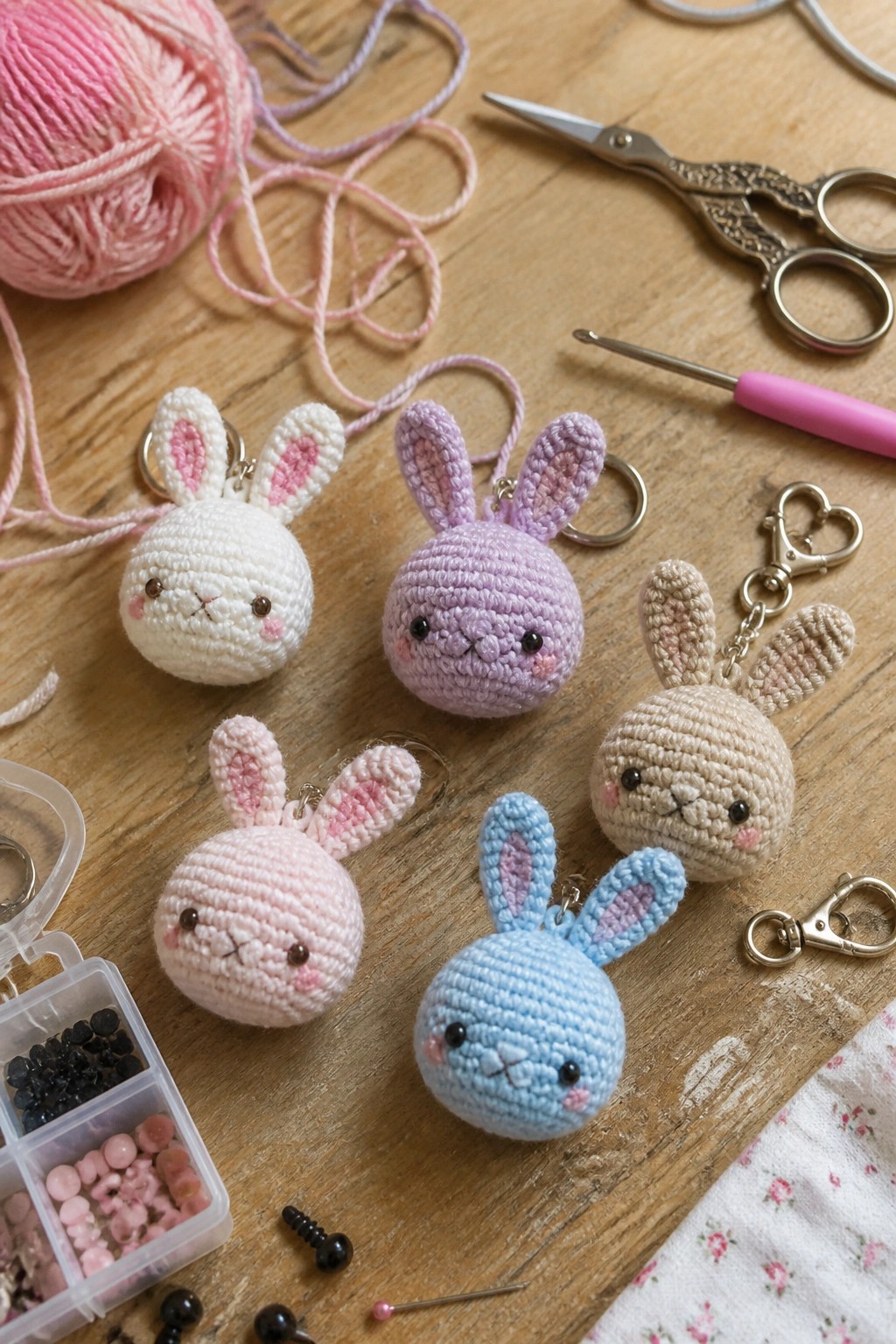 Pastel crocheted bunny keychains with yarn, scissors, hook, and beads on wood.