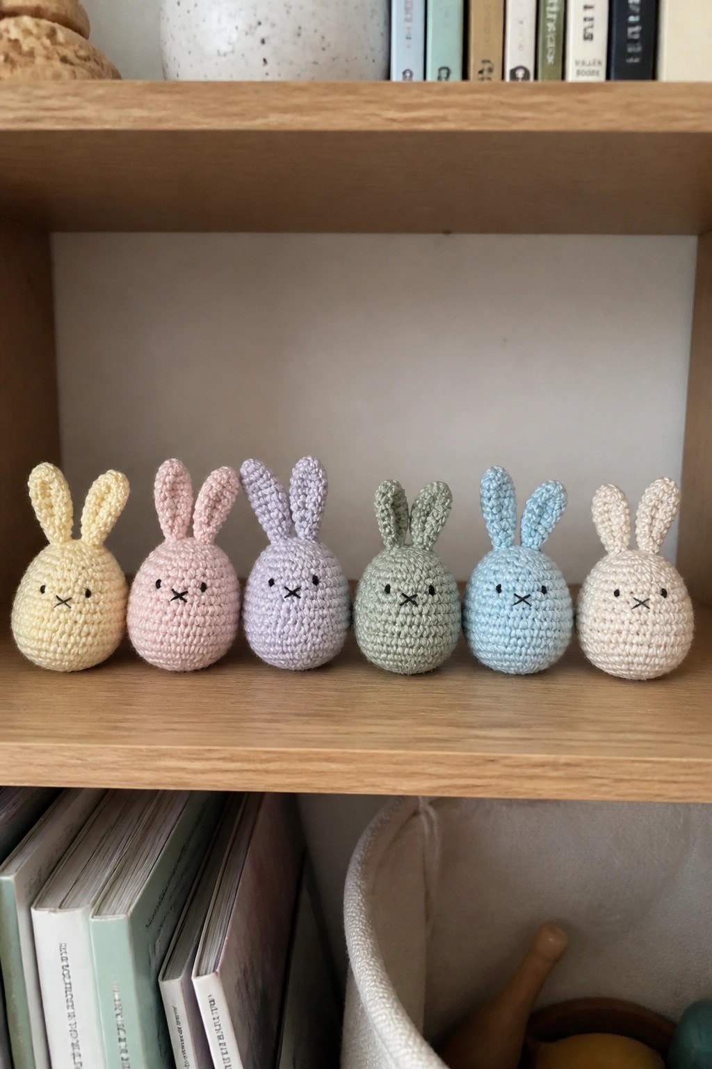 Six pastel crocheted bunnies lined up on a wooden shelf with books