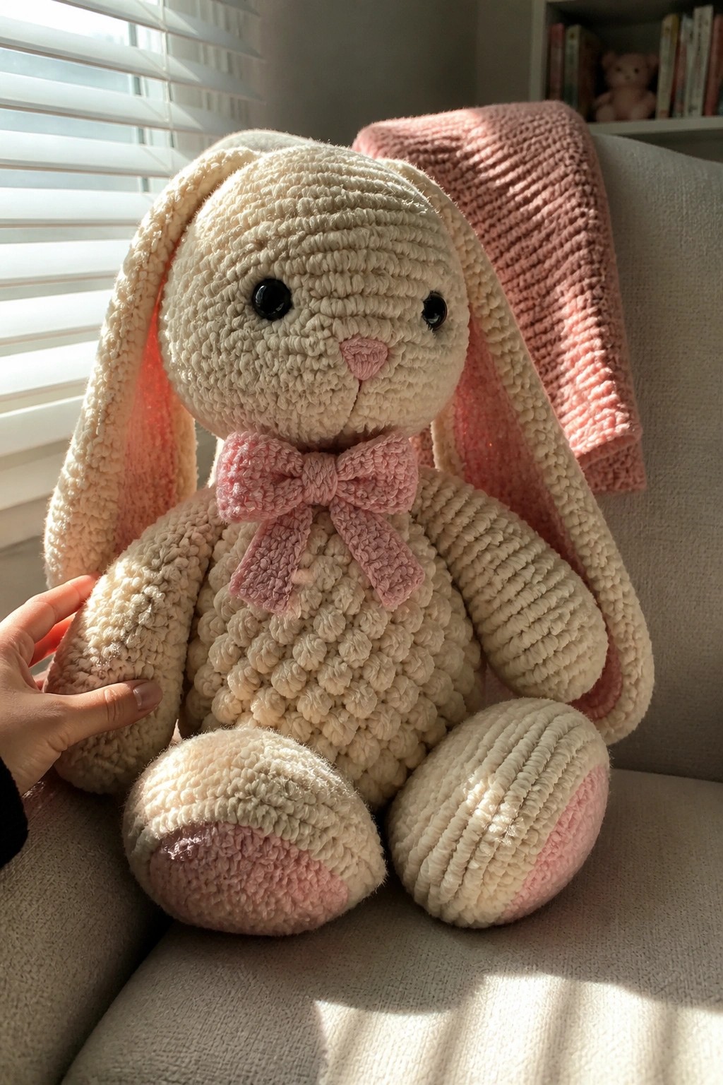 Large cream crocheted bunny with pink bow and accents on sunlit couch