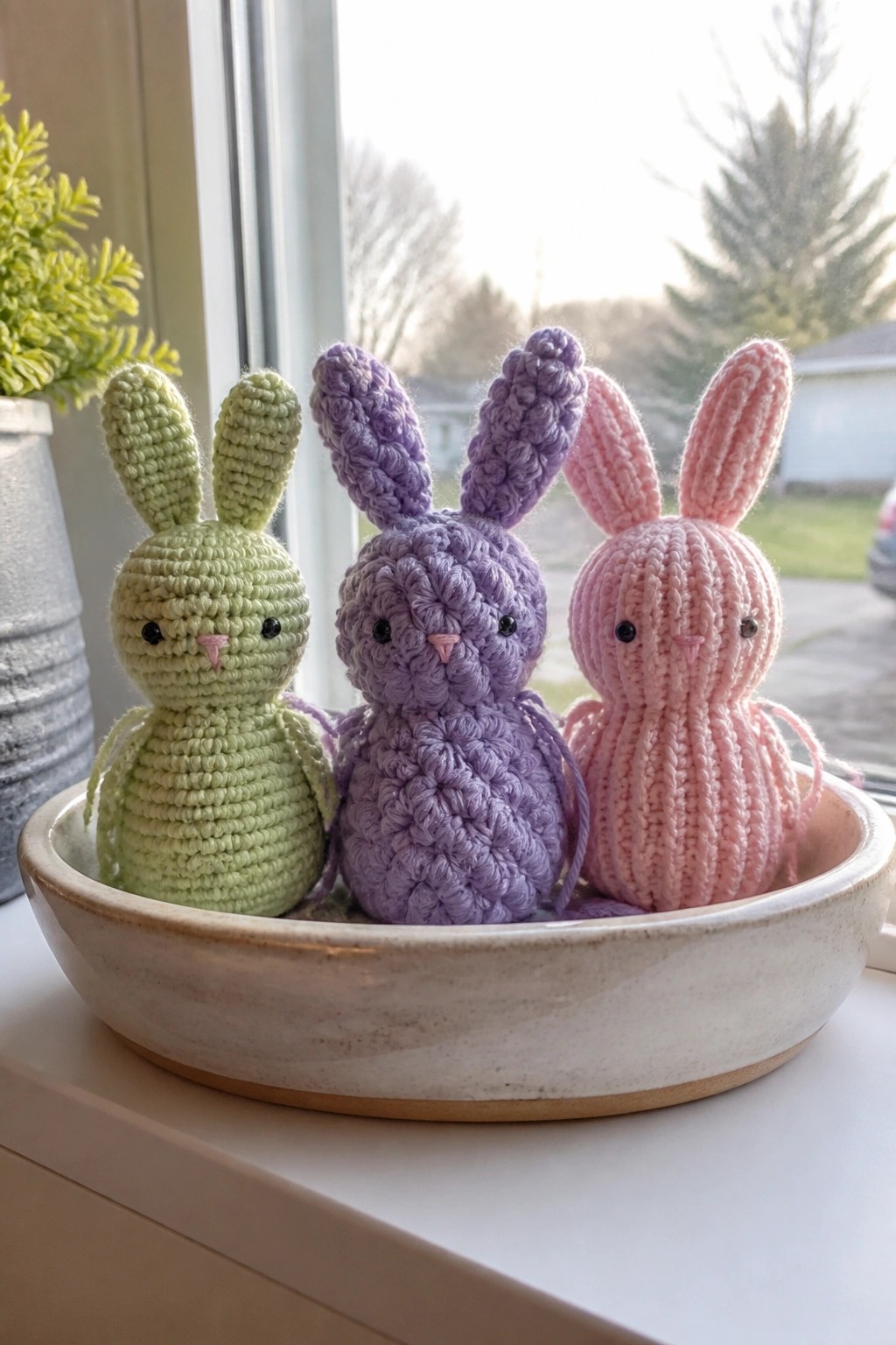 Three pastel crocheted bunnies in green, purple, and pink sit in a bowl on a windowsill.