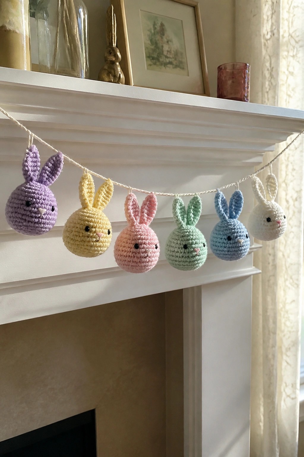 Pastel crocheted bunny garland strung across white fireplace mantel