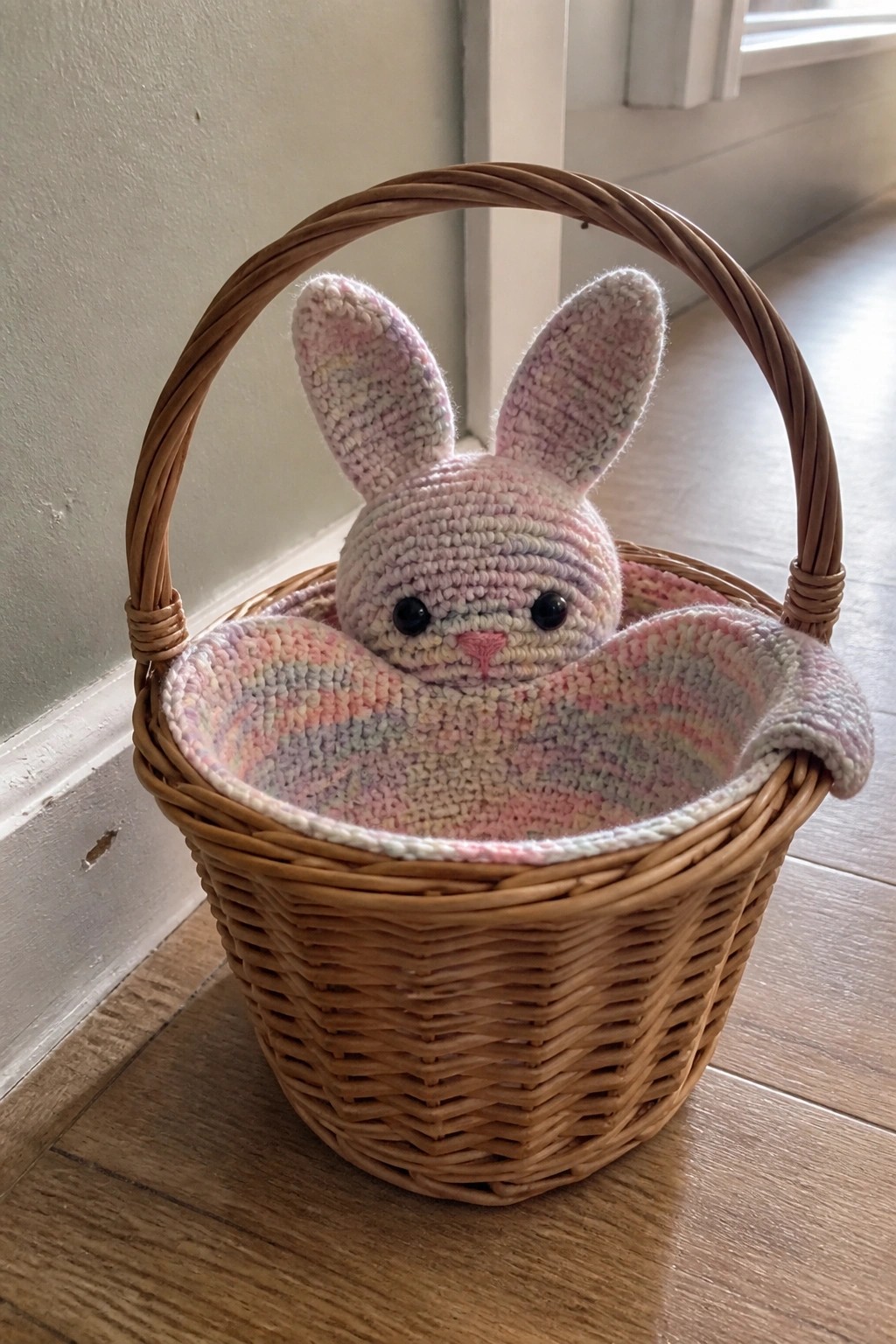 Crocheted pastel bunny peeking from wicker basket with colorful knitted liner