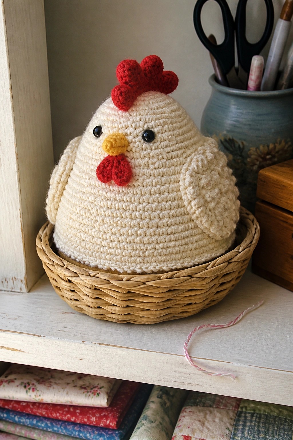 Crocheted white chicken with red comb in wicker basket on wooden shelf above fabrics