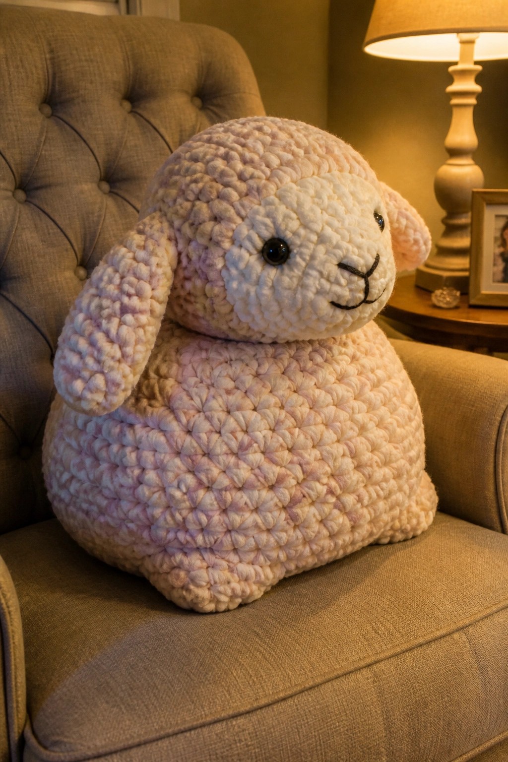 Crocheted pastel pink and white lamb toy on a beige tufted armchair