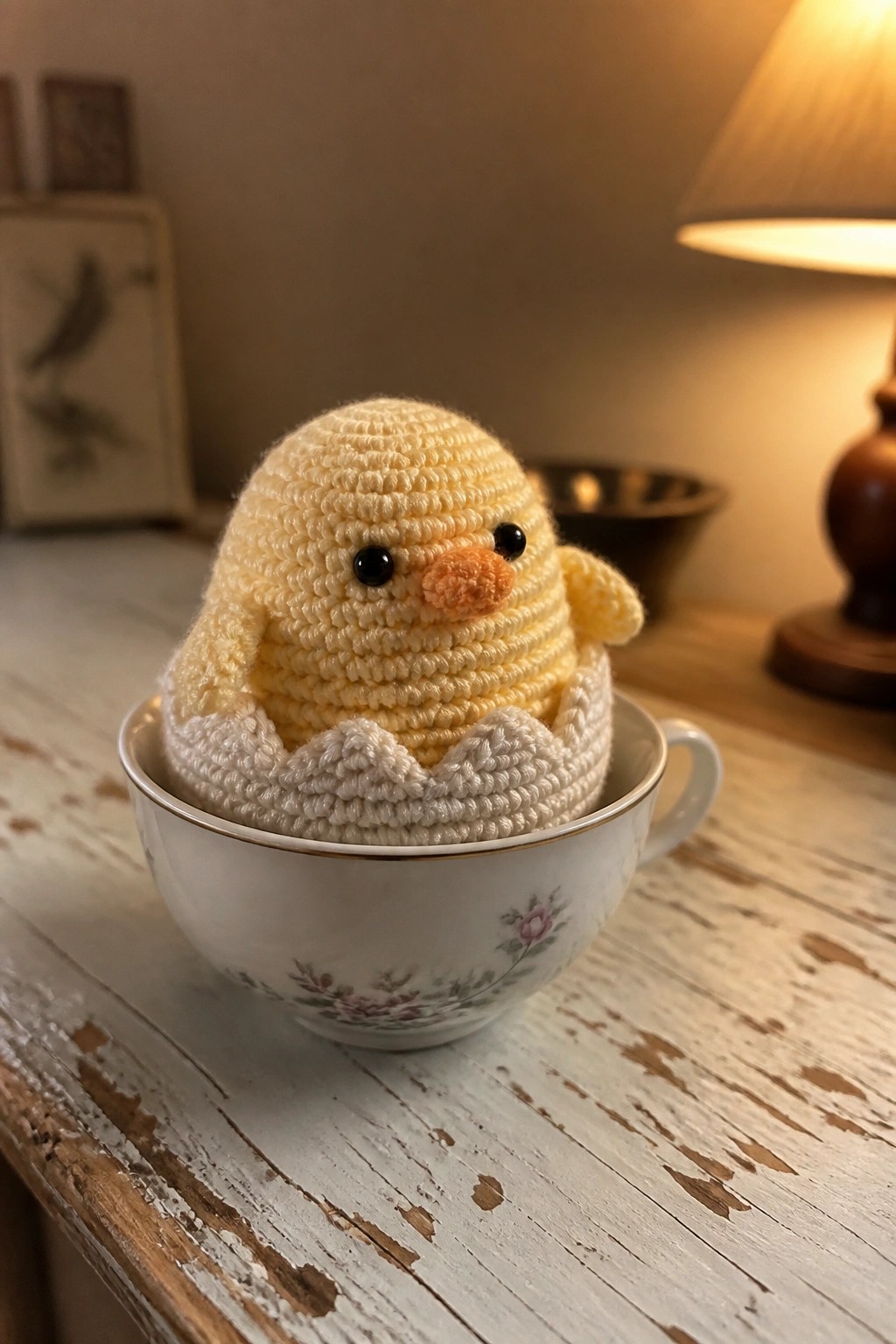 Crocheted yellow chick in eggshell inside floral porcelain teacup on wooden table.
