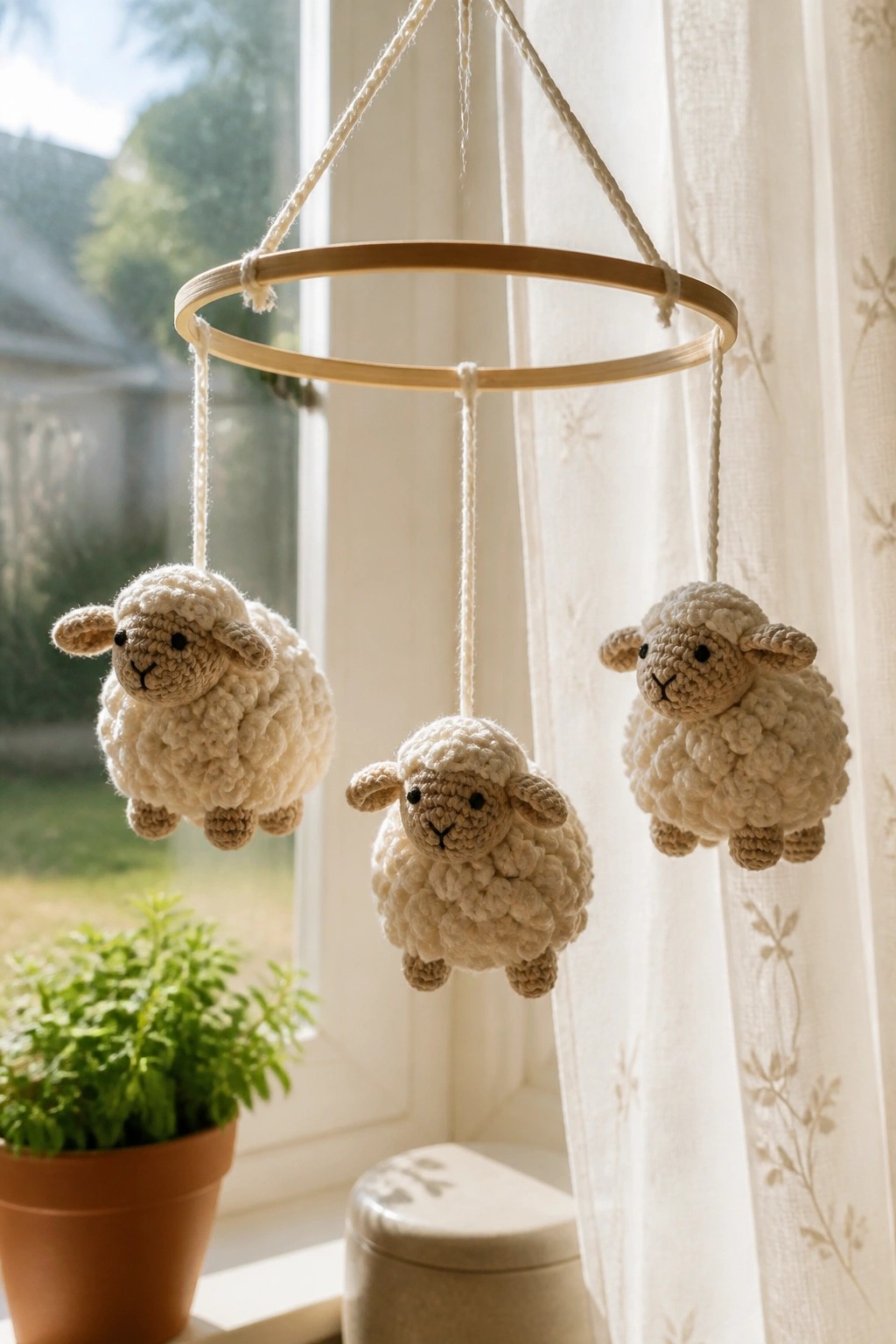 Three crocheted sheep hanging from strings attached to a wooden ring near a window with a potted plant below.