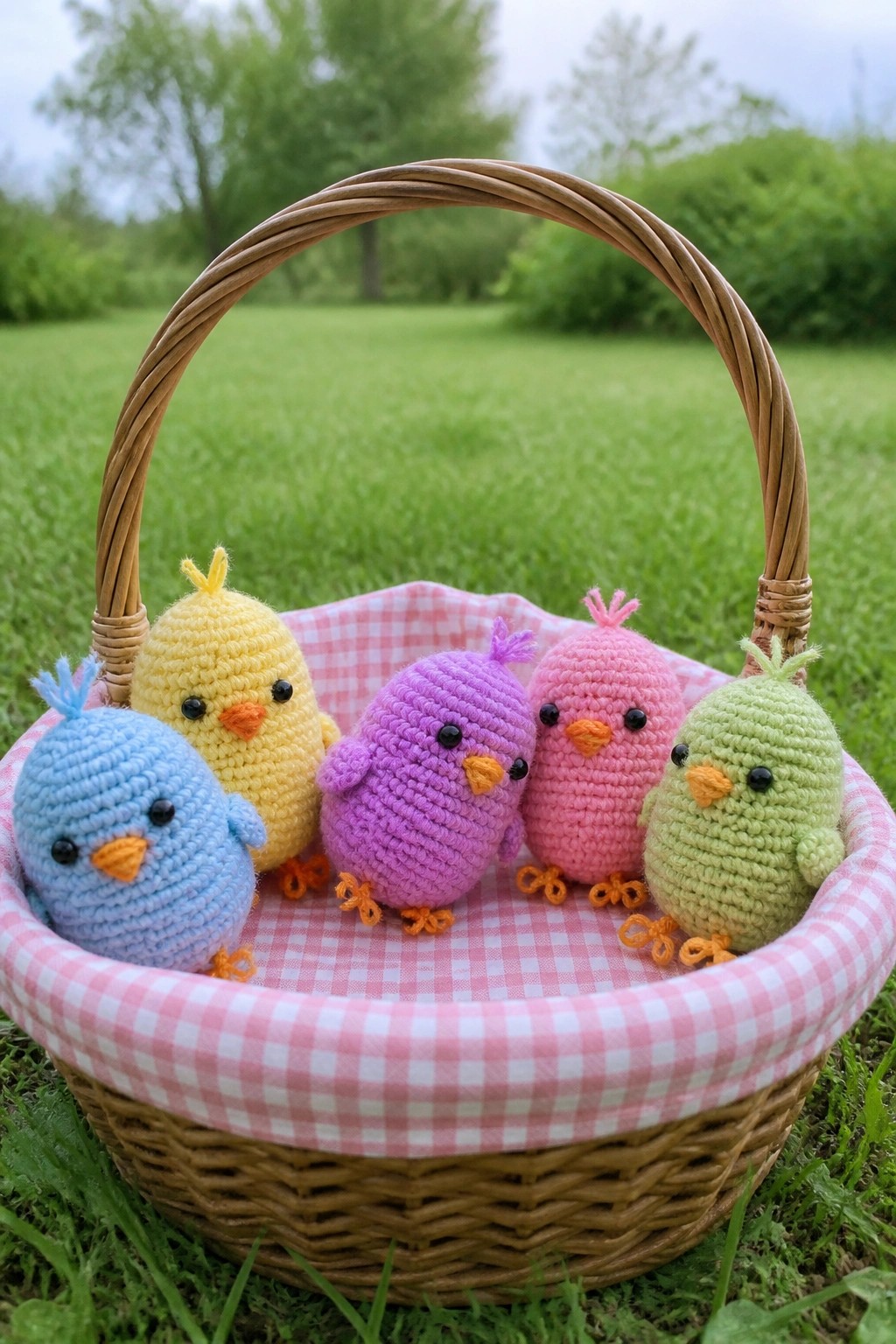 Five colorful crocheted chicks in a pink-lined wicker basket on grass