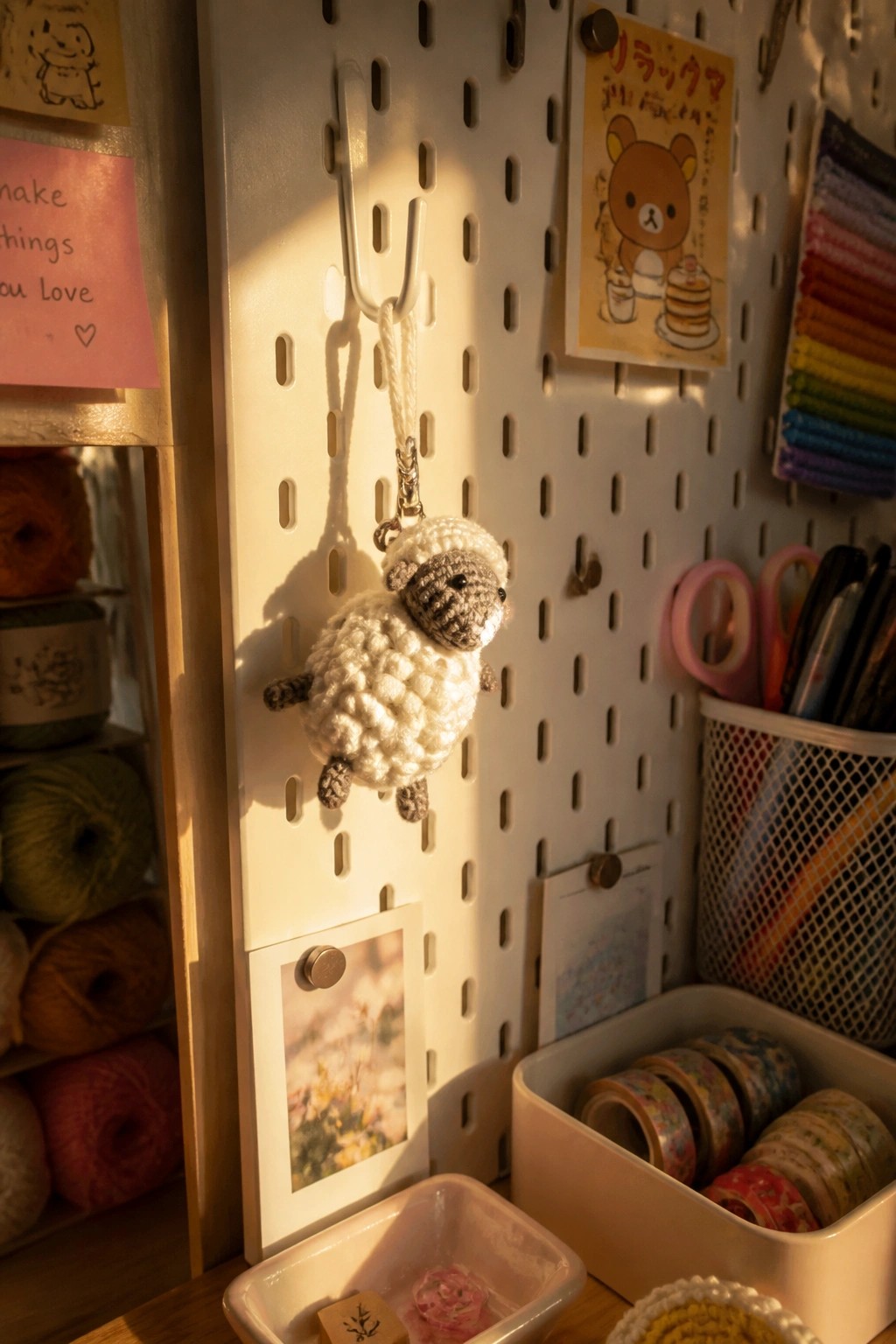 Crocheted white sheep keychain hanging from hook on white pegboard with crafts nearby