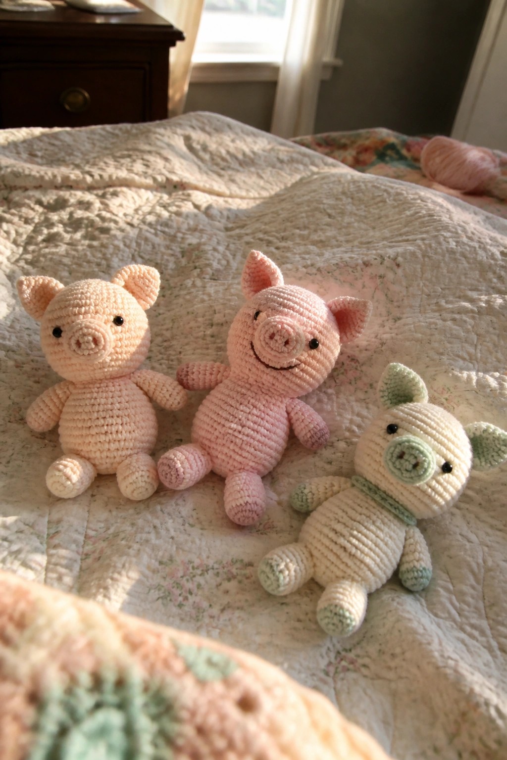 Three crocheted pigs in pink and cream with green accents on a floral quilt.