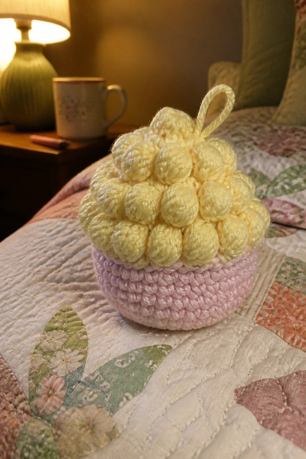 Yellow crocheted bobble item with pink base on floral patchwork quilt