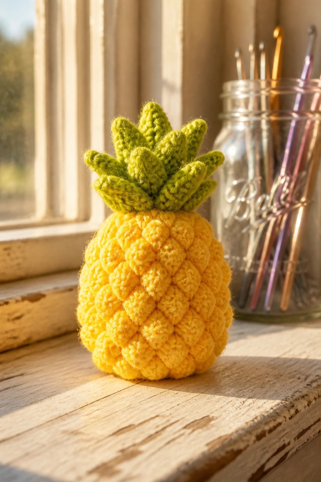 A small yellow crocheted pineapple with a green top rests on a wooden windowsill beside a glass jar of crochet hooks.