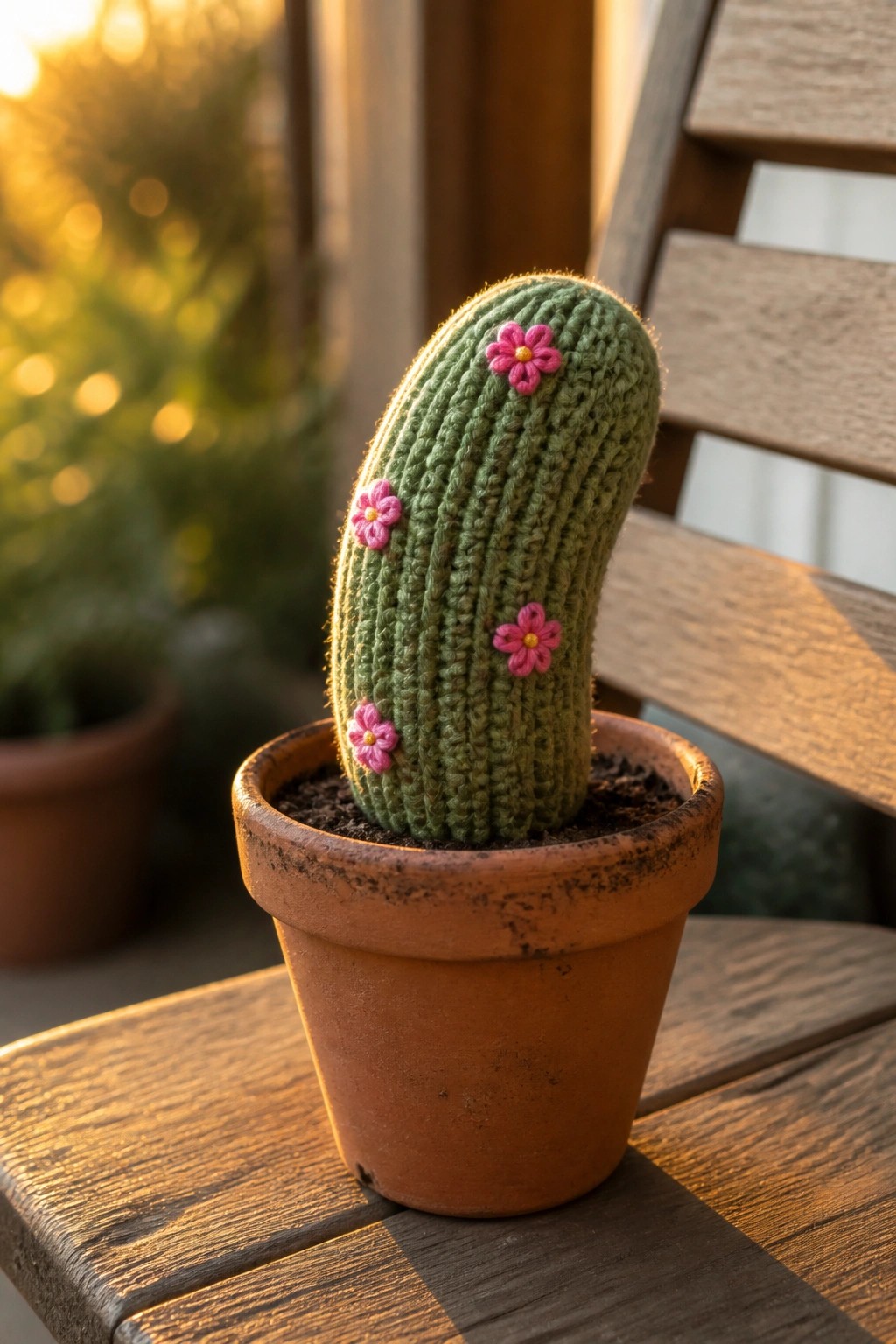 Knitted green cactus with pink flowers in terracotta pot on wooden bench