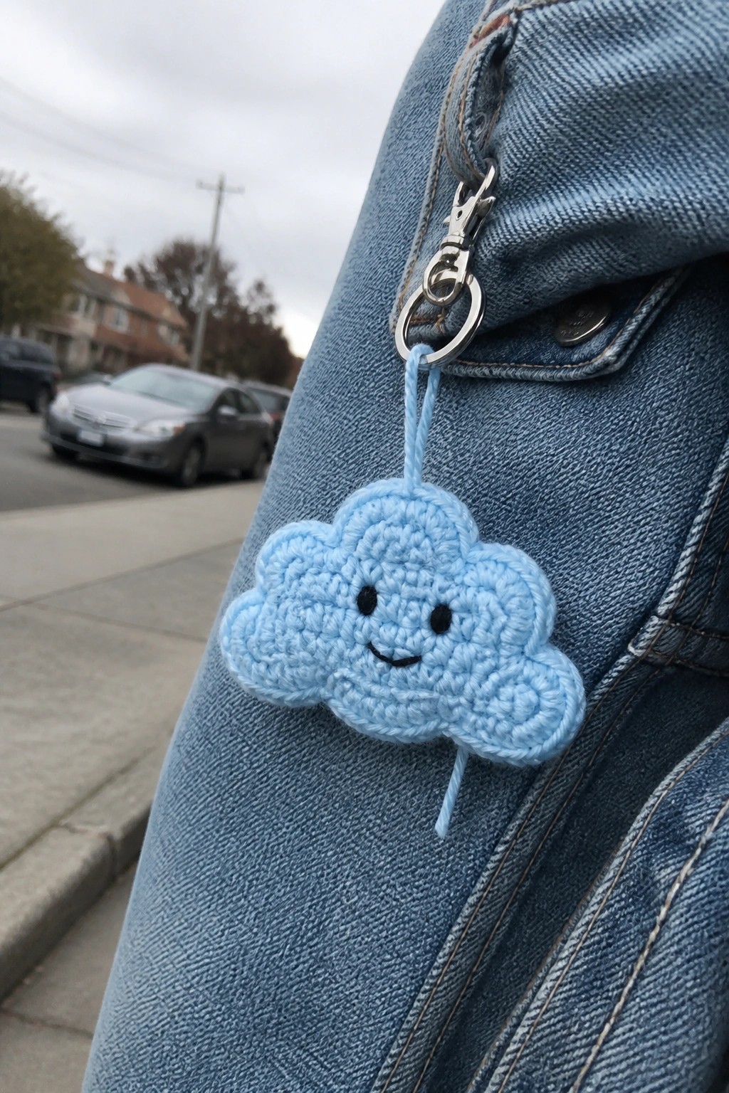 Blue crocheted cloud keychain with smiling face on denim jeans