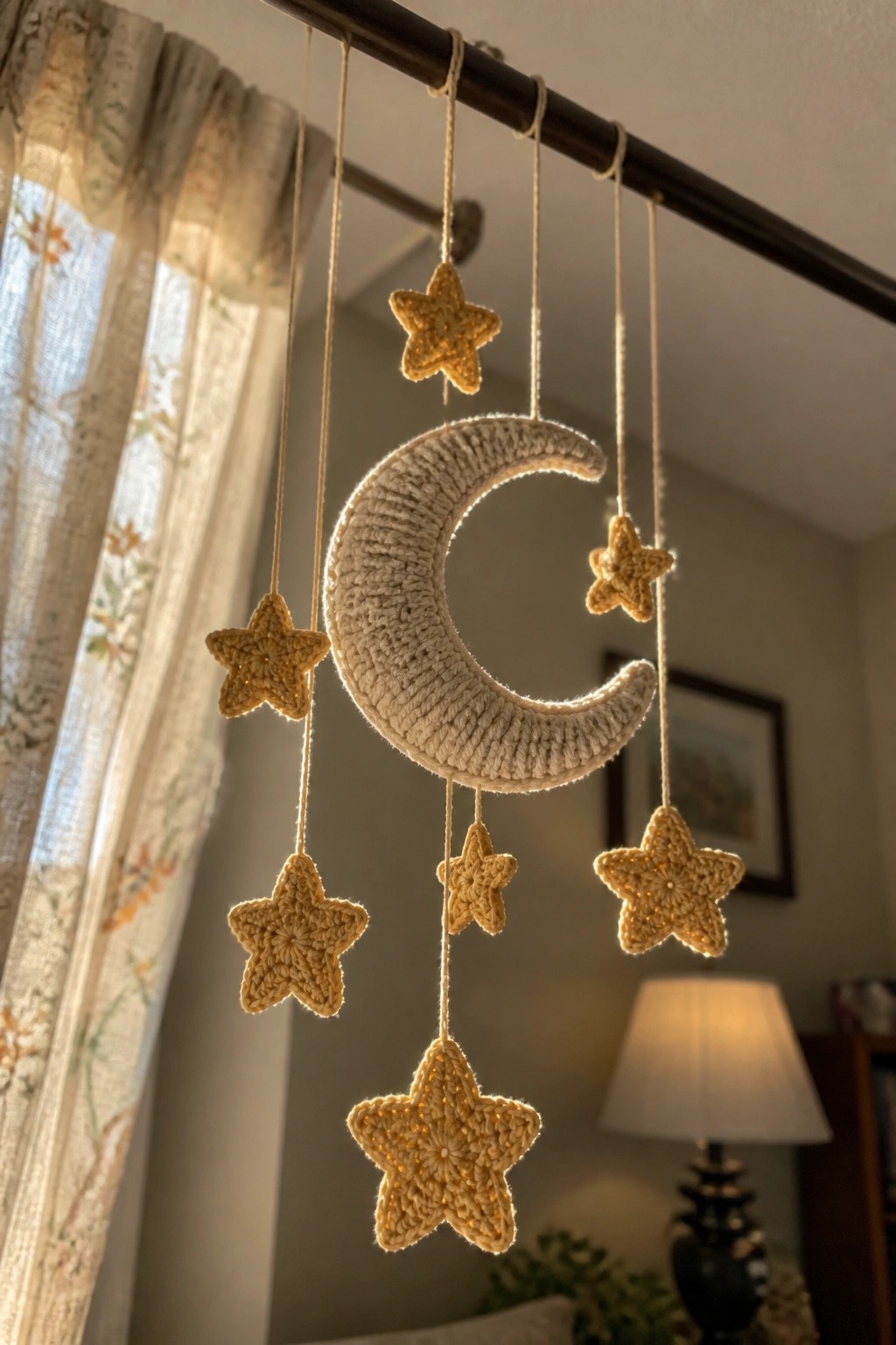 Crocheted crescent moon and stars mobile hanging from a dark rod.