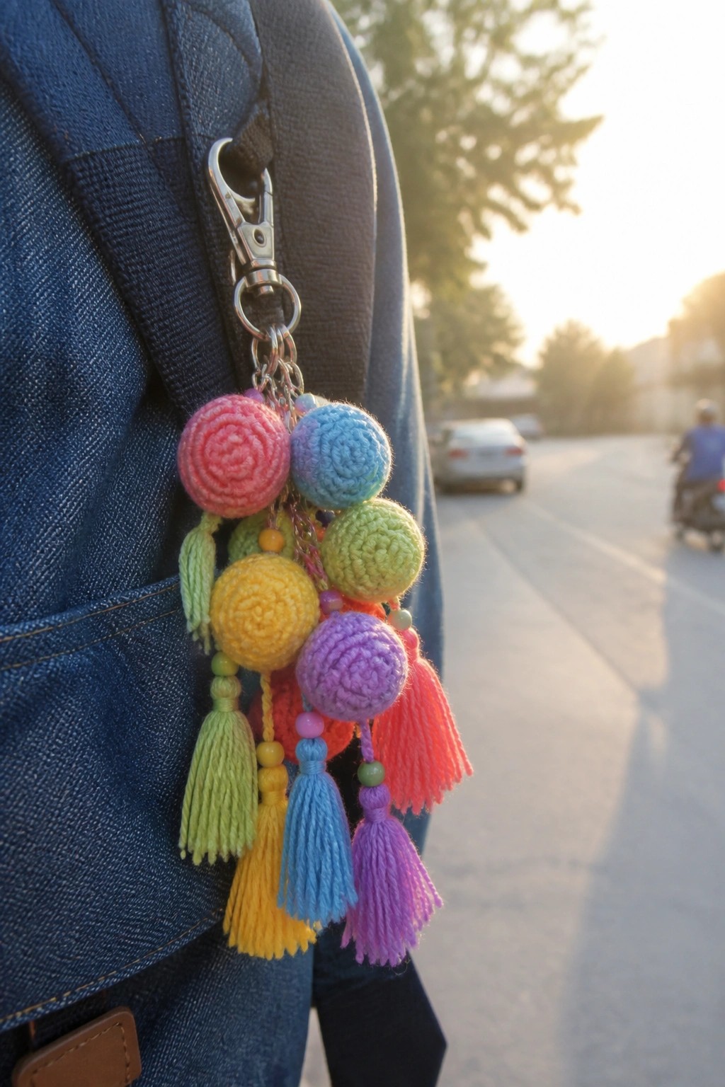 A keychain with multiple colorful crocheted spheres and tassels clipped to a blue denim backpack zipper.