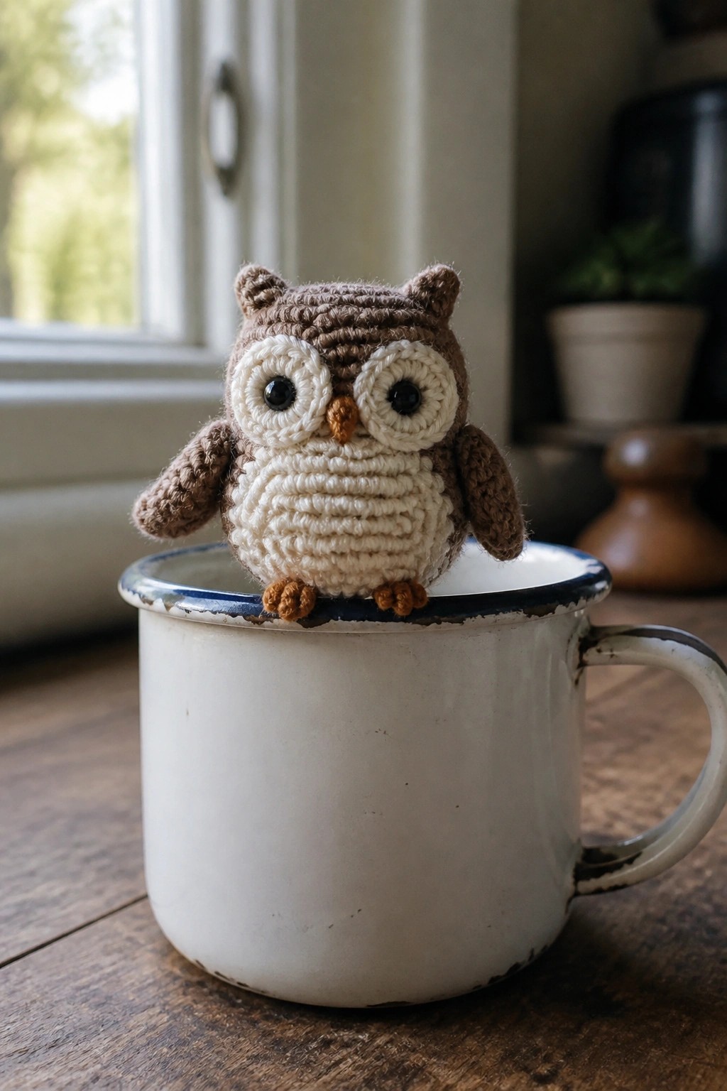 Crocheted brown owl with cream belly perched on white enamel mug rim