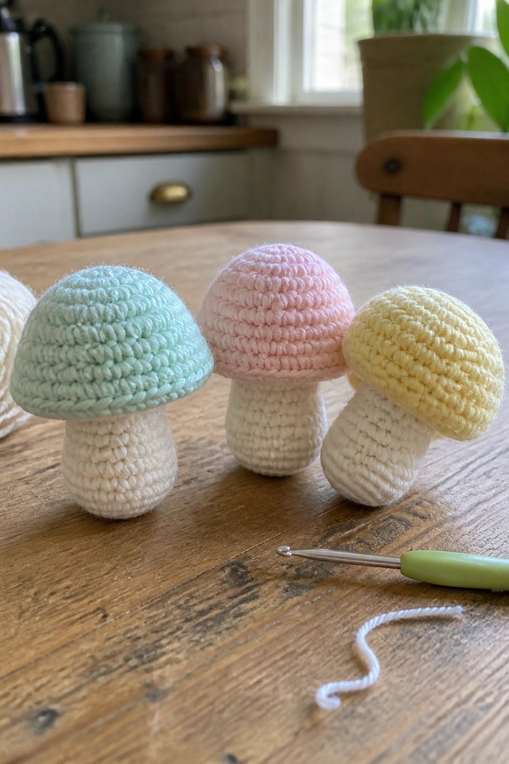 Three pastel crocheted mushrooms in mint, pink, and yellow beside crochet hook on table