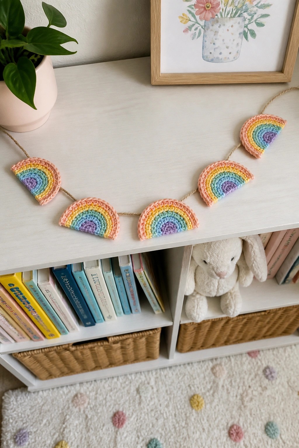Pastel crocheted rainbow garland strung across white shelf with books and bunny