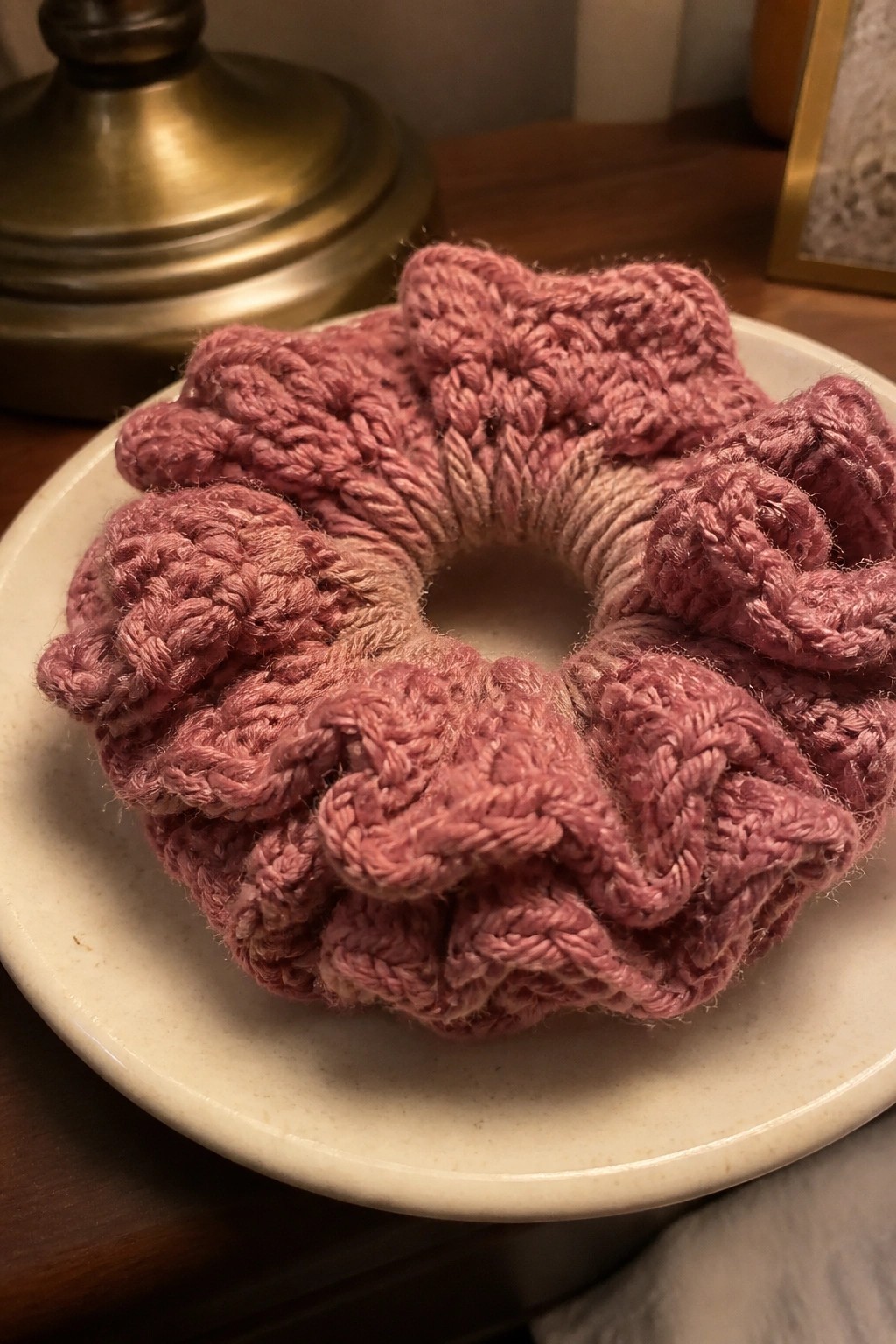 Ruffled pink crocheted scrunchie with beige tones on a white plate
