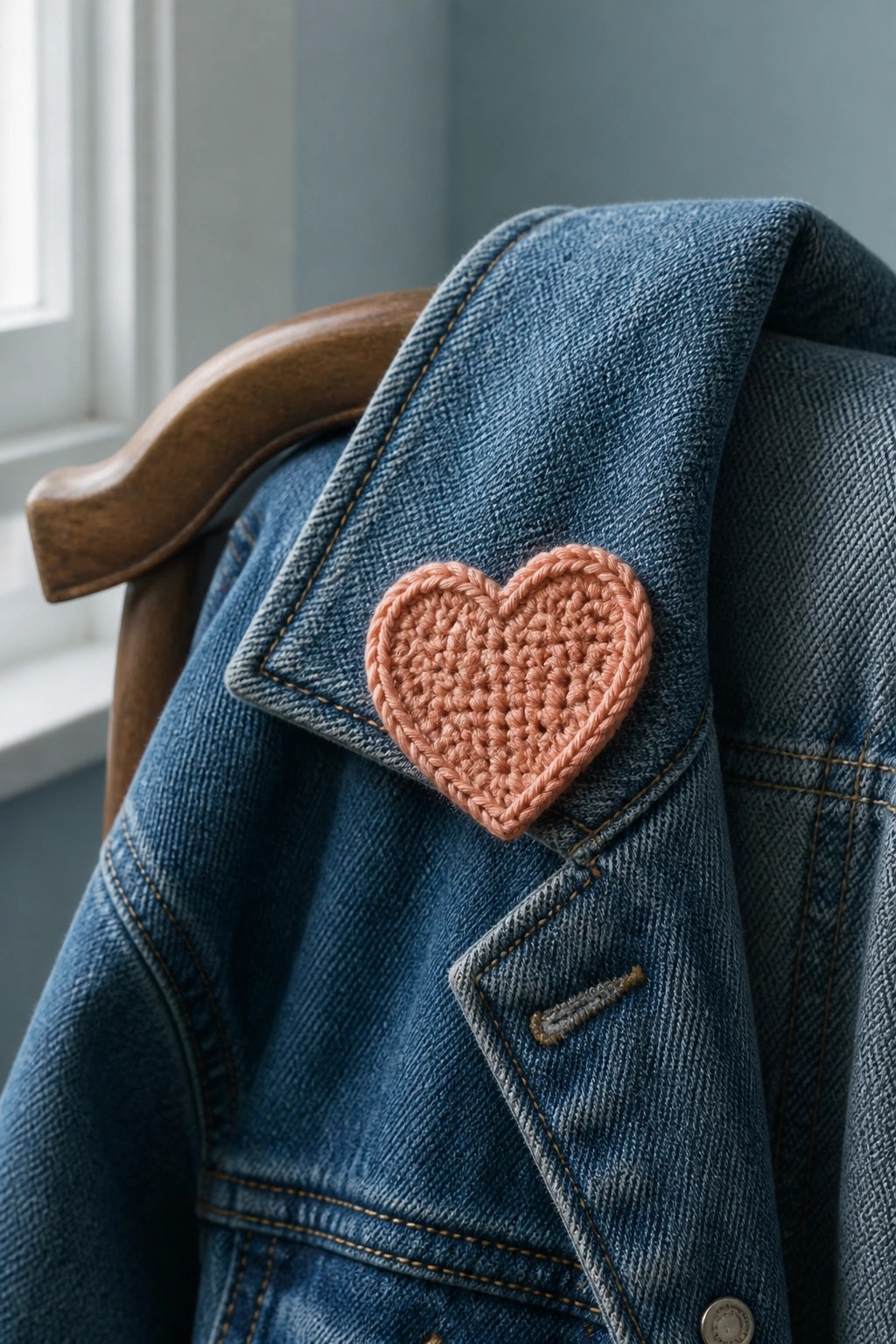 Blue denim jacket with peach crocheted heart patch on wooden chair